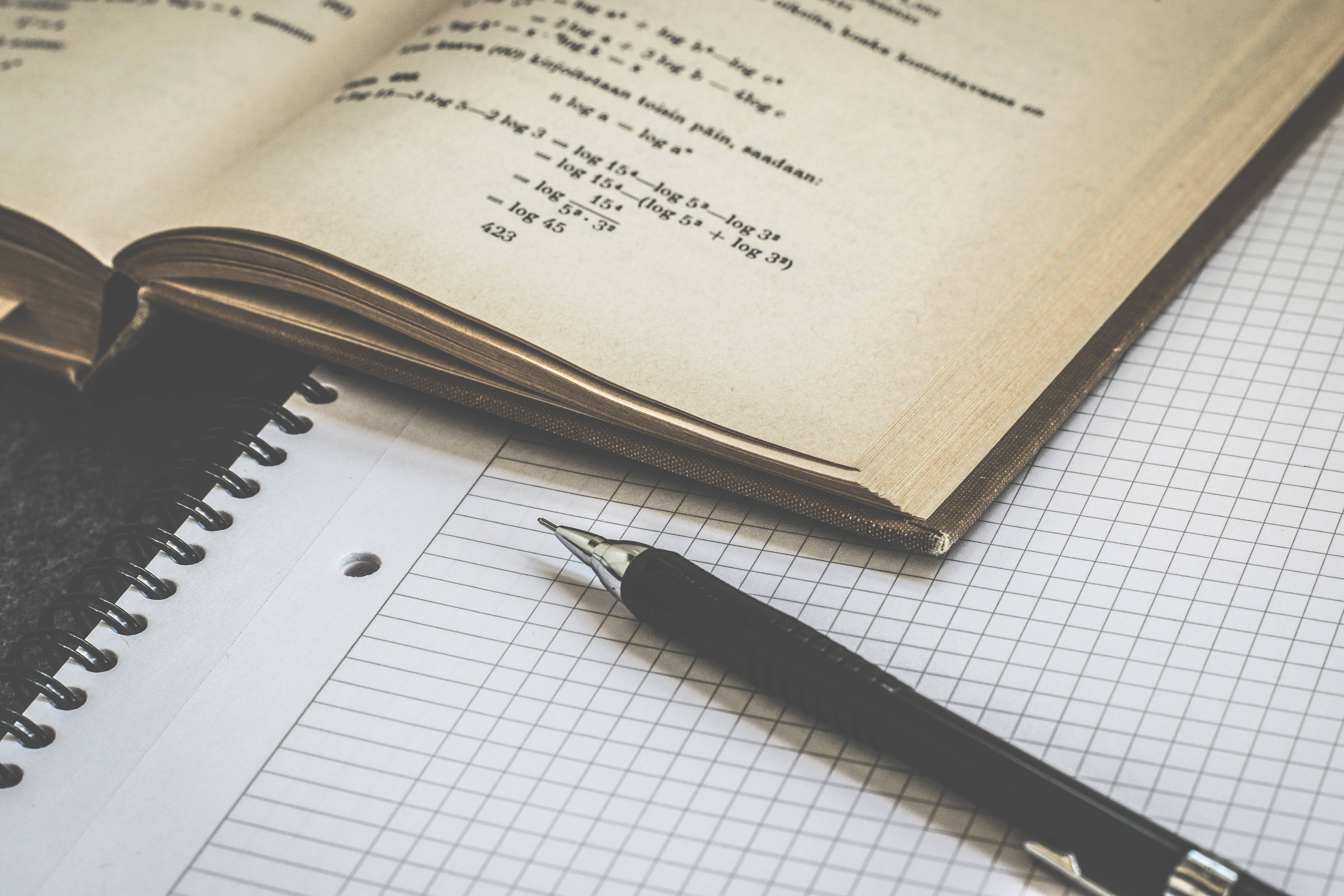 vintage math textbook, grid notebook, black fountain pen, 5K Desktop Wallpaper