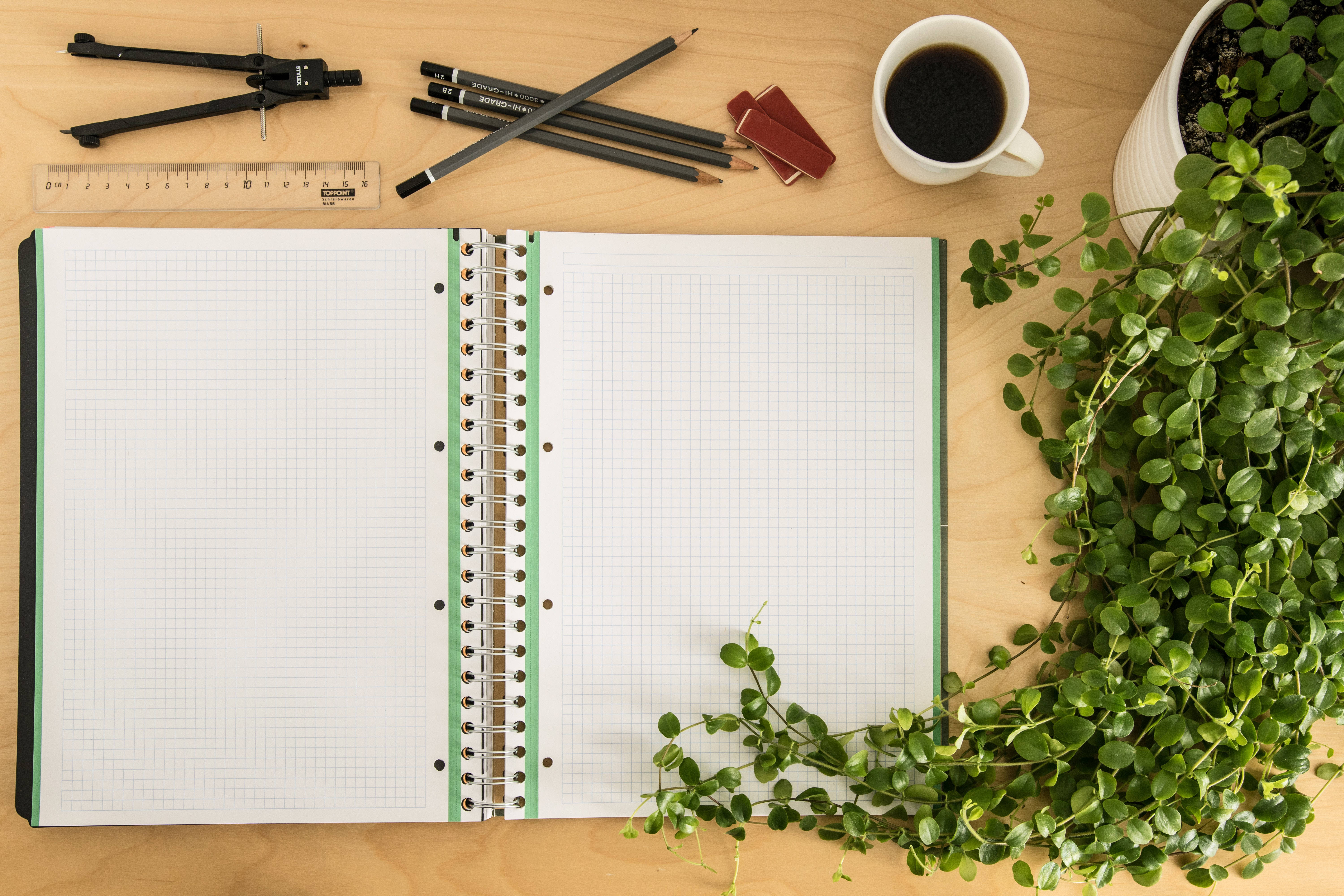 wooden desk, gridded notebook, drawing tools, 5K Desktop Wallpaper
