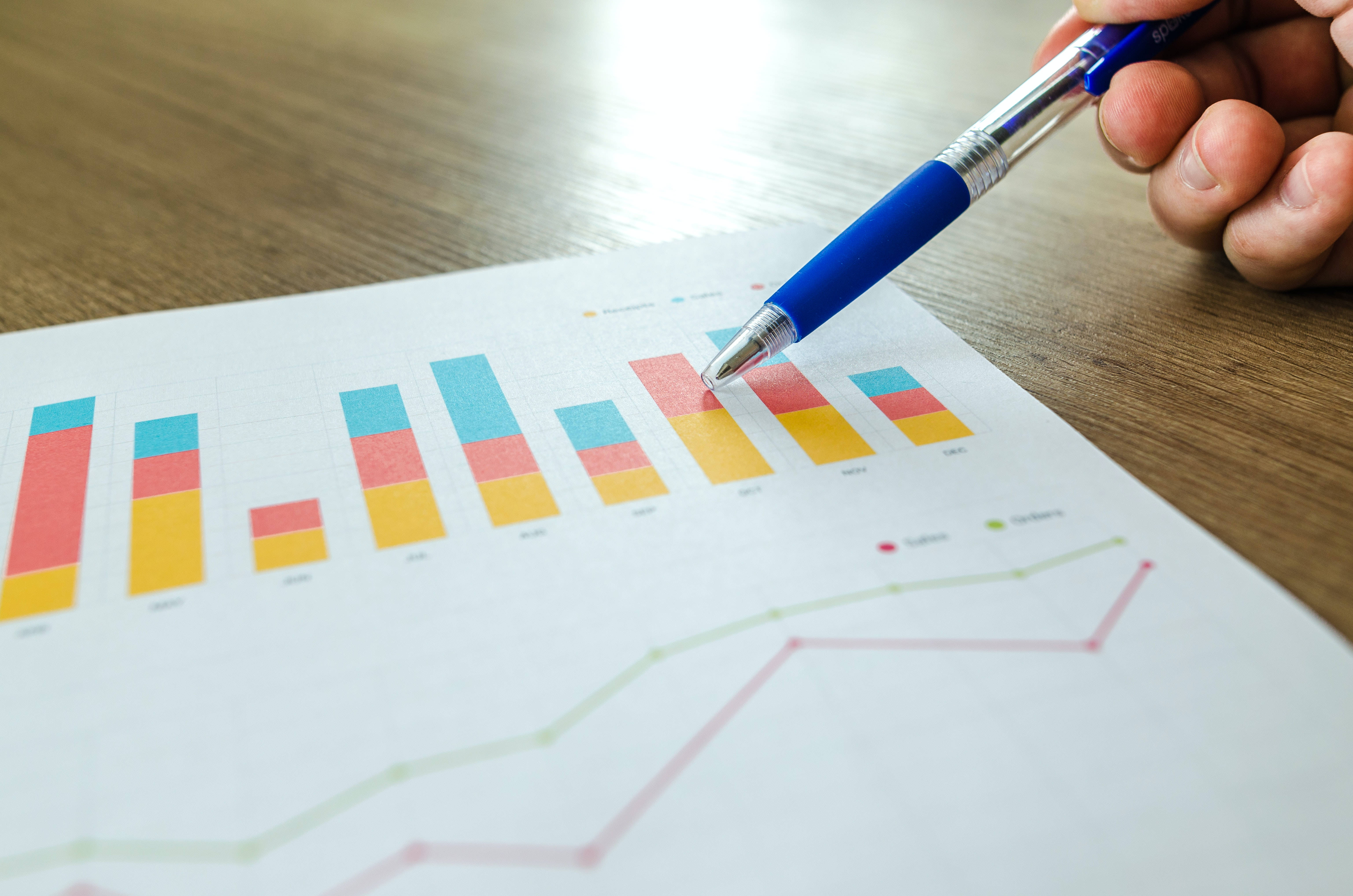 blue pen, colorful bar chart, paper, 5K Desktop Wallpaper