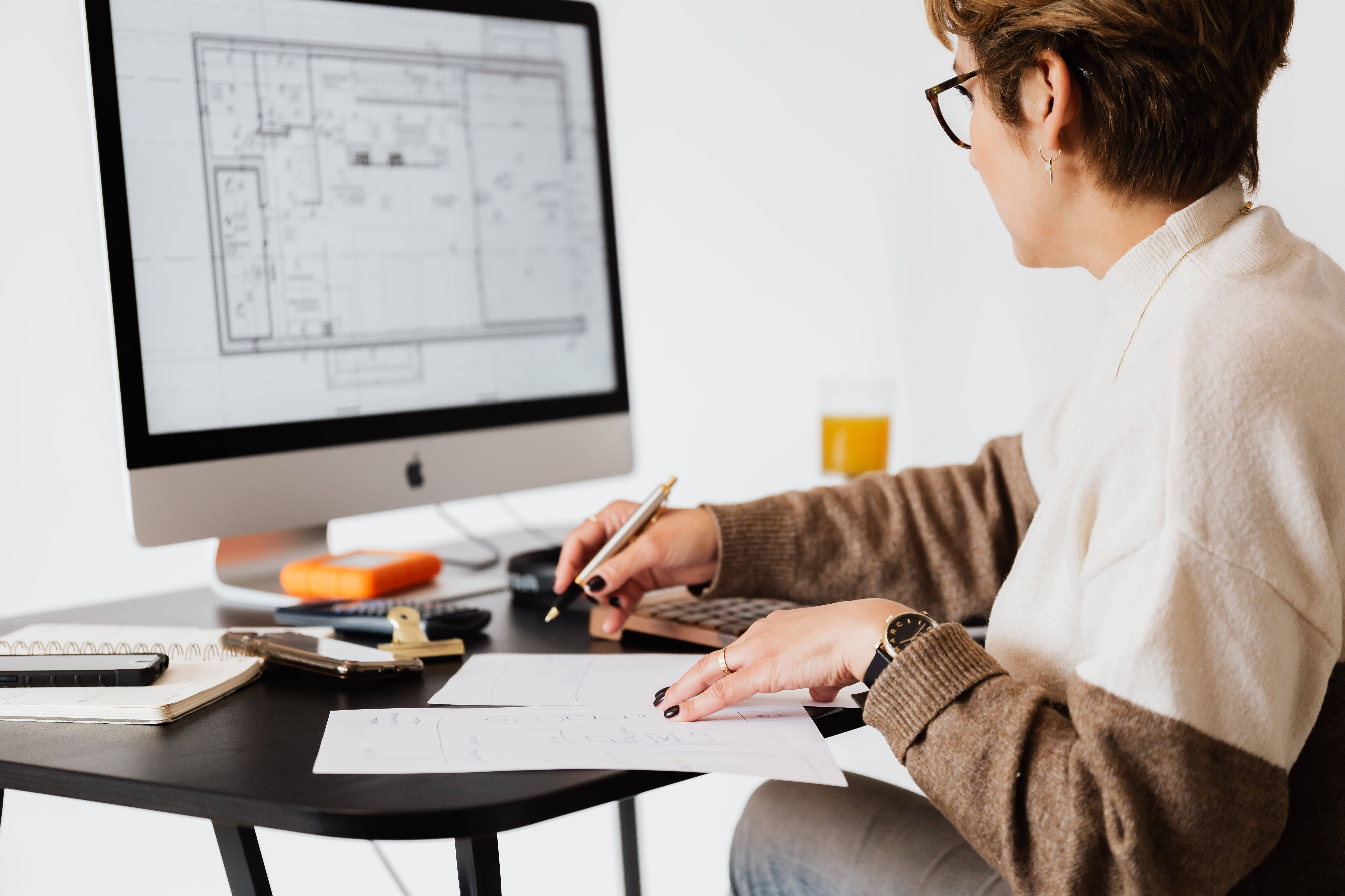 glasses, desk, architectural blueprints, 5K Desktop Wallpaper
