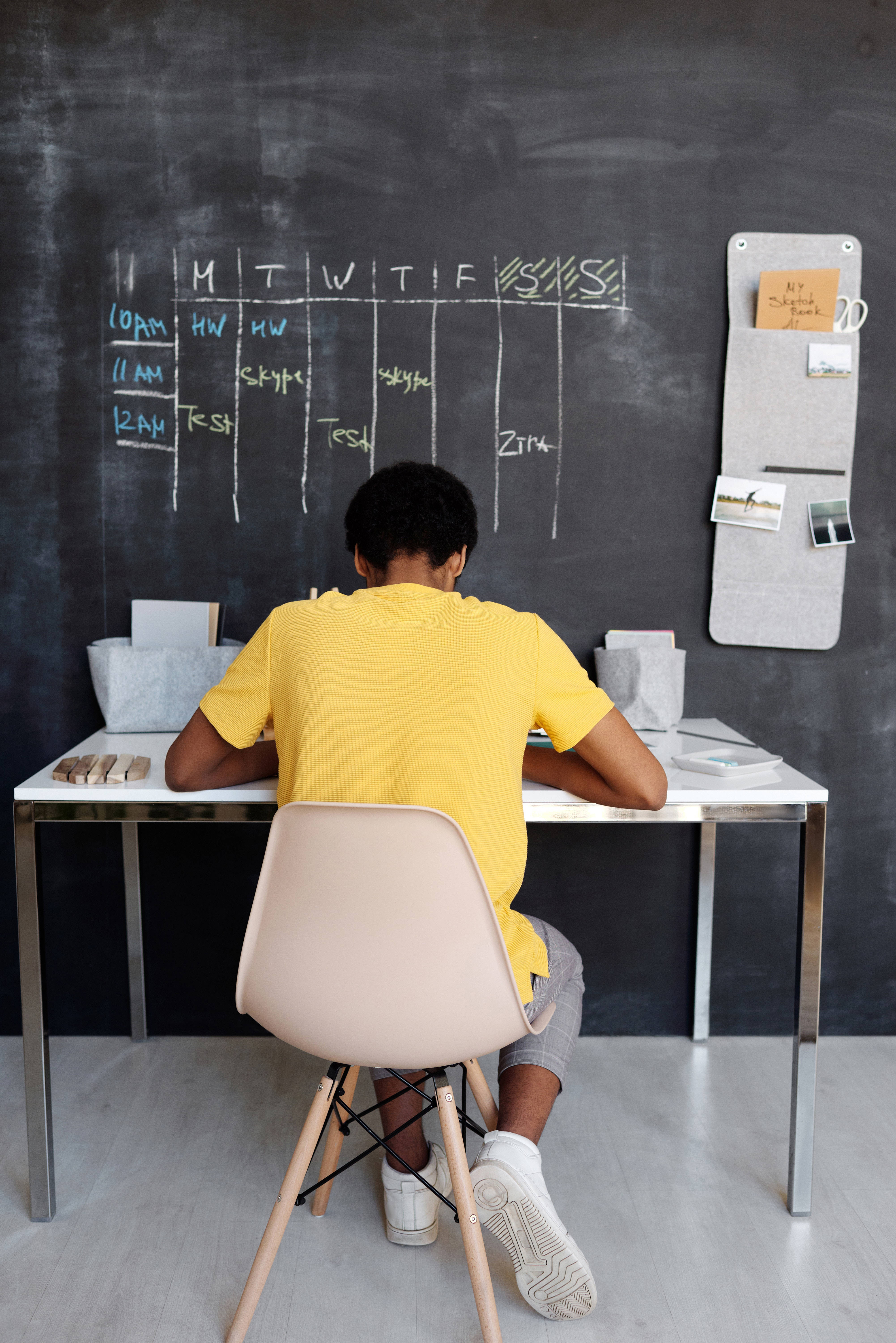 chalkboard schedule, modern desk, minimalist study room, 5K Phone Wallpaper