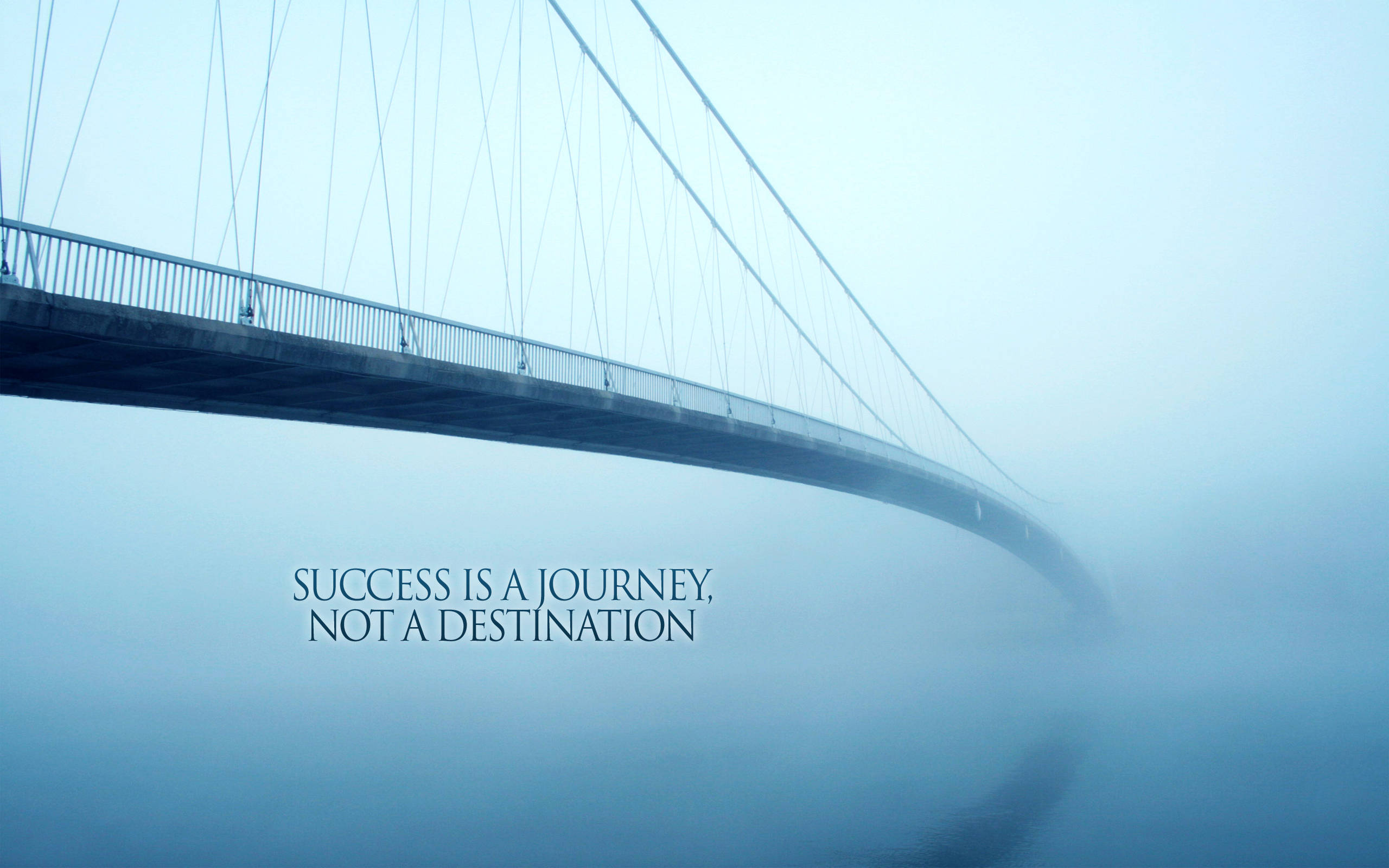 misty suspension bridge, fog, quote success is a journey not a destination, 2K Desktop Wallpaper
