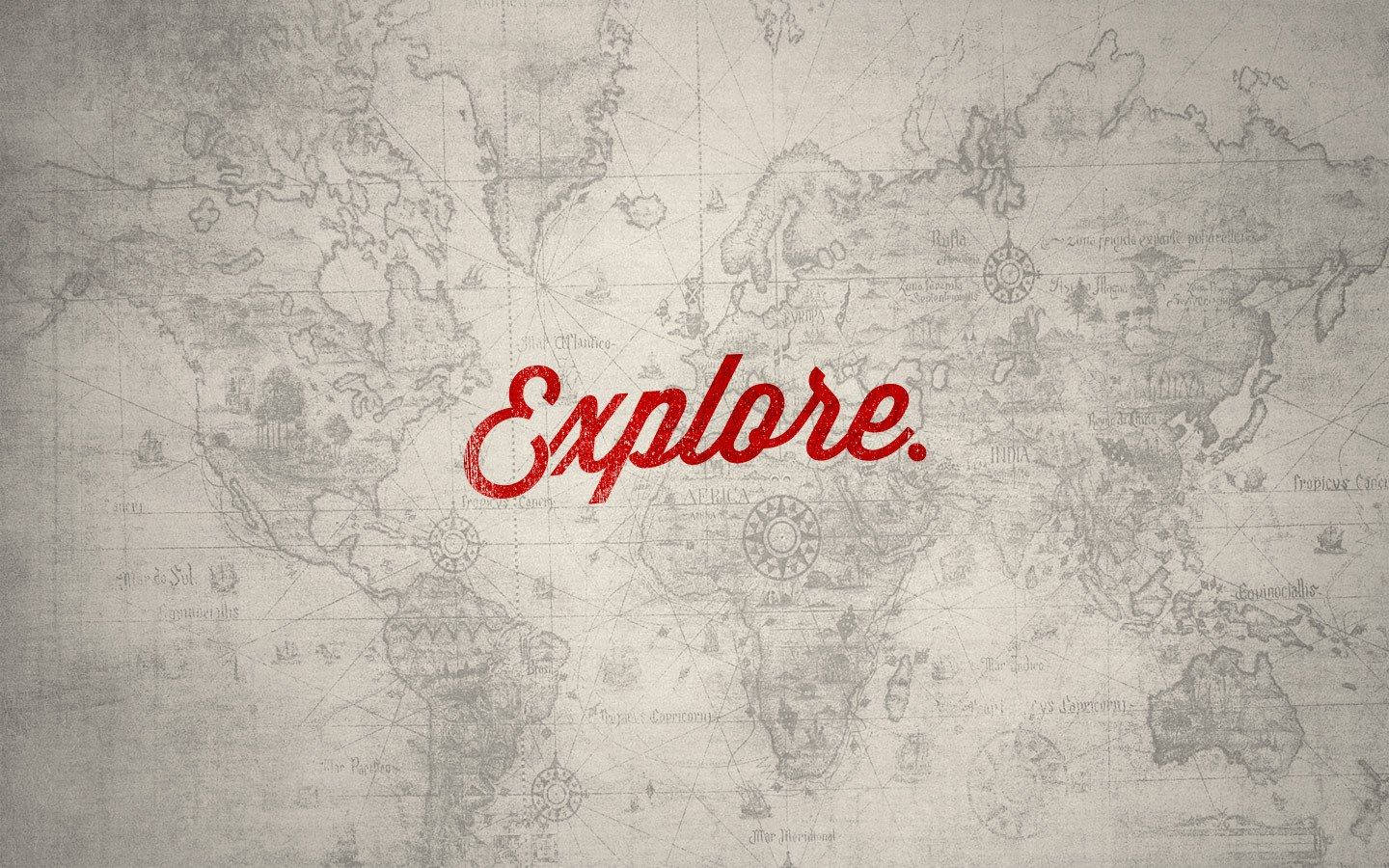 Vintage world map, red 'Explore' text, aged parchment, HD Desktop Wallpaper