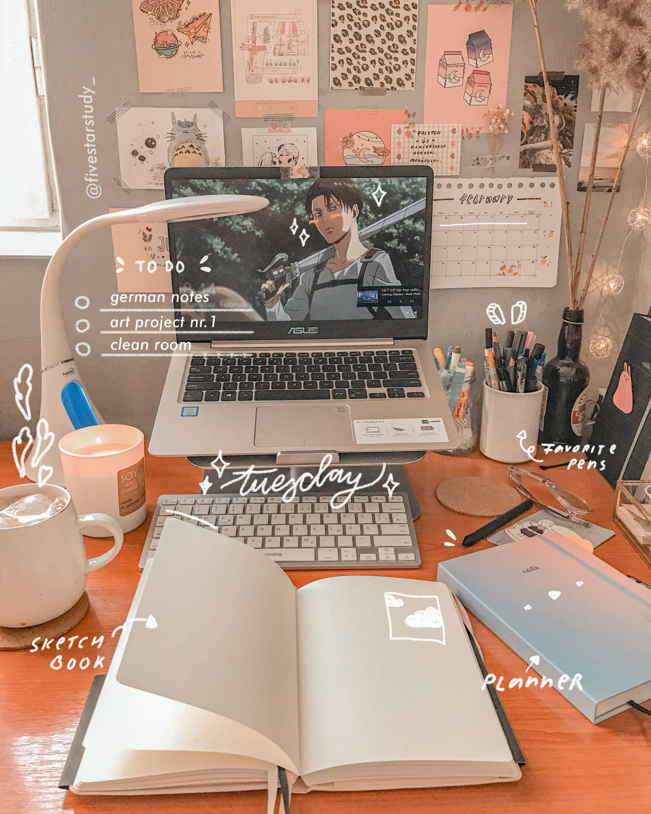 study desk, sketchbook planner, laptop, HD Phone Wallpaper