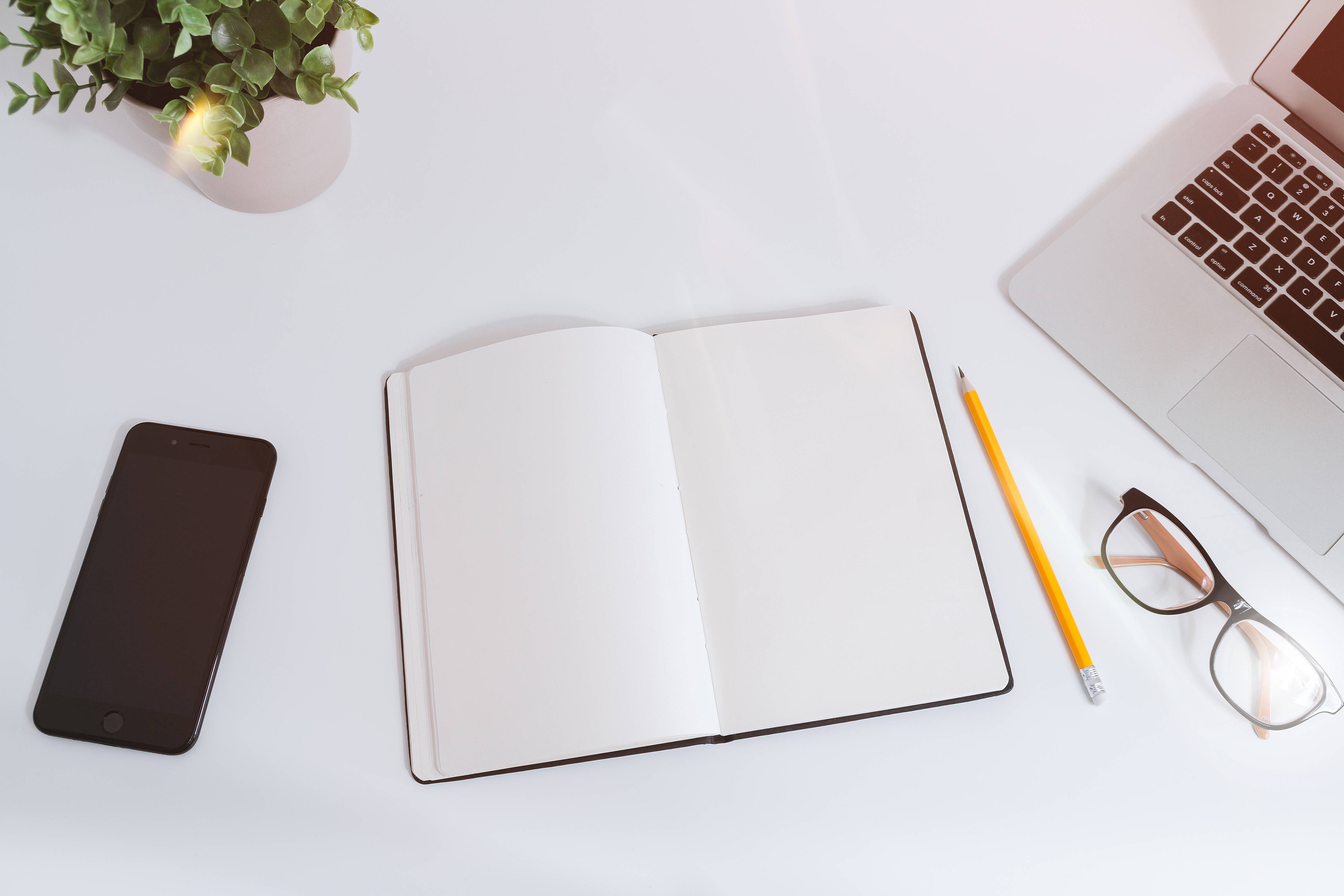 blank study notebook, minimalist white desk, open notebook, 4K Desktop Wallpaper