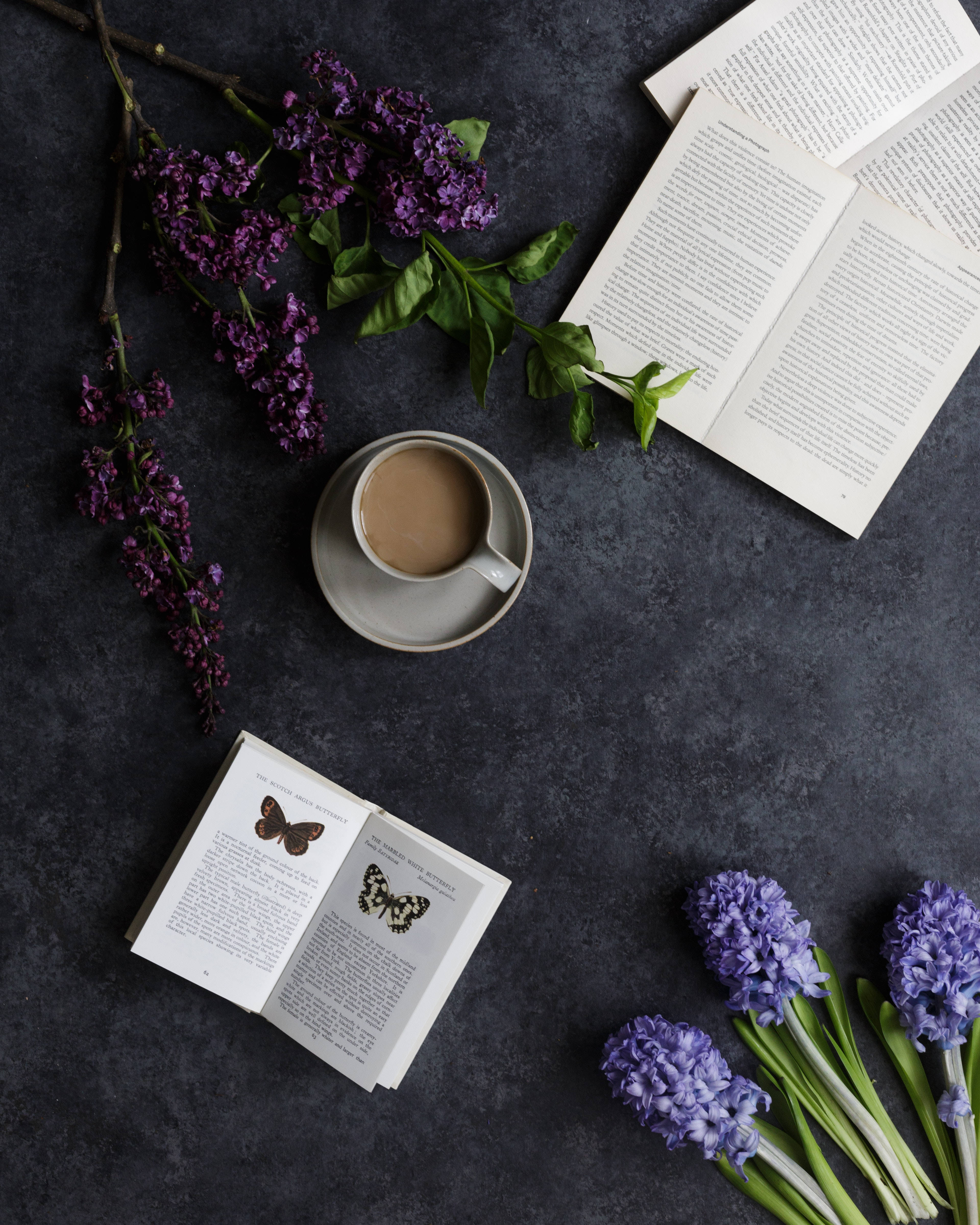 Study, coffee cup, purple flowers, 4K Phone Wallpaper