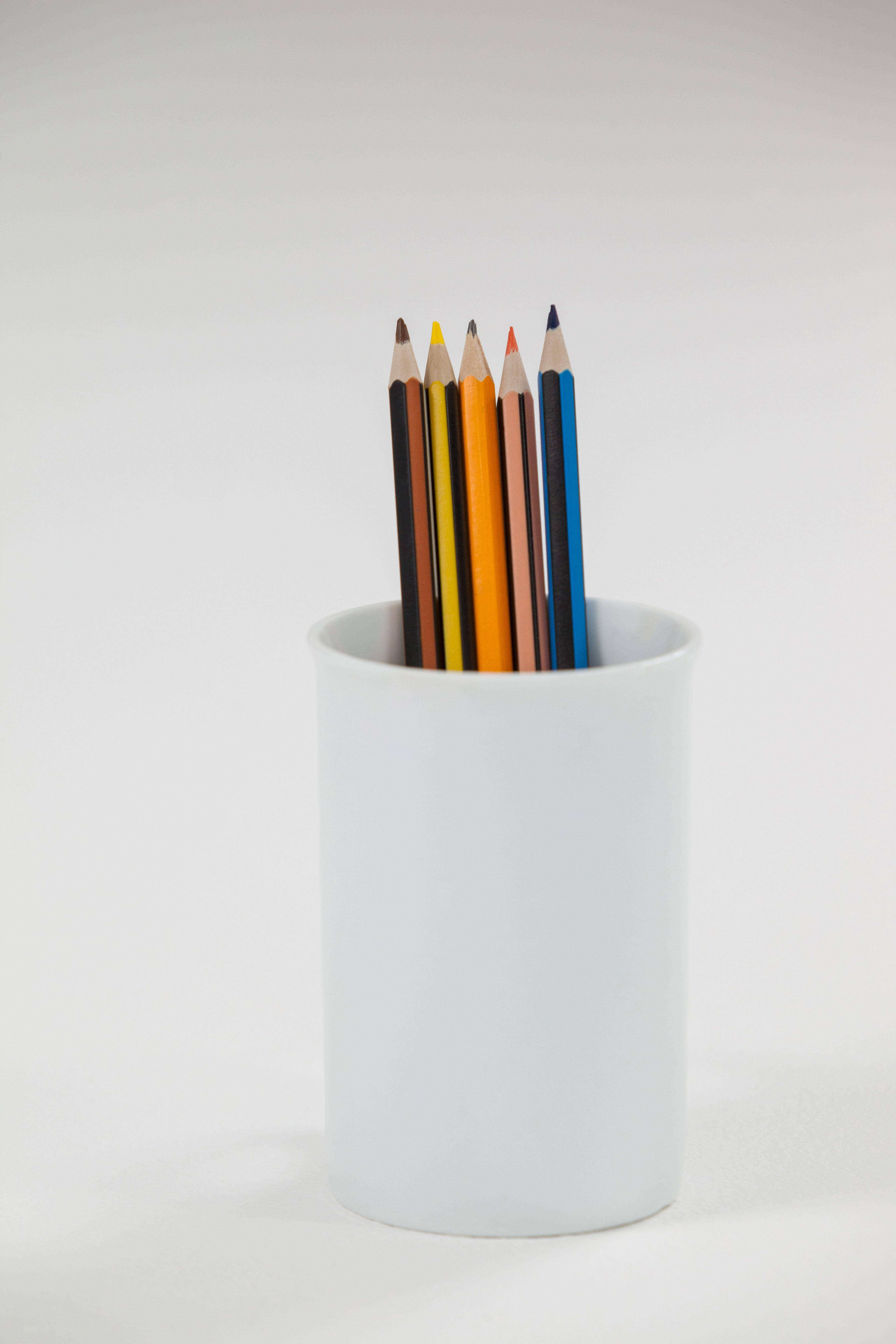 colored pencils, sharpened, white cylindrical holder, 5K Phone Wallpaper