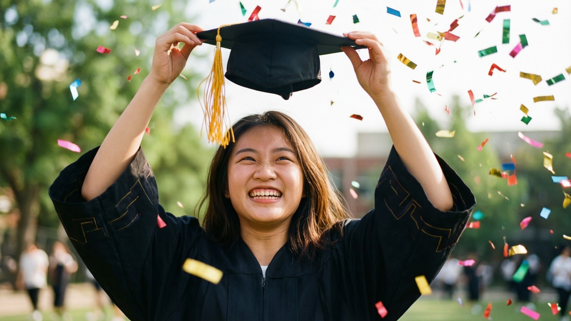 black cap and gown, graduation hat, colorful confetti, Full HD Desktop Wallpaper