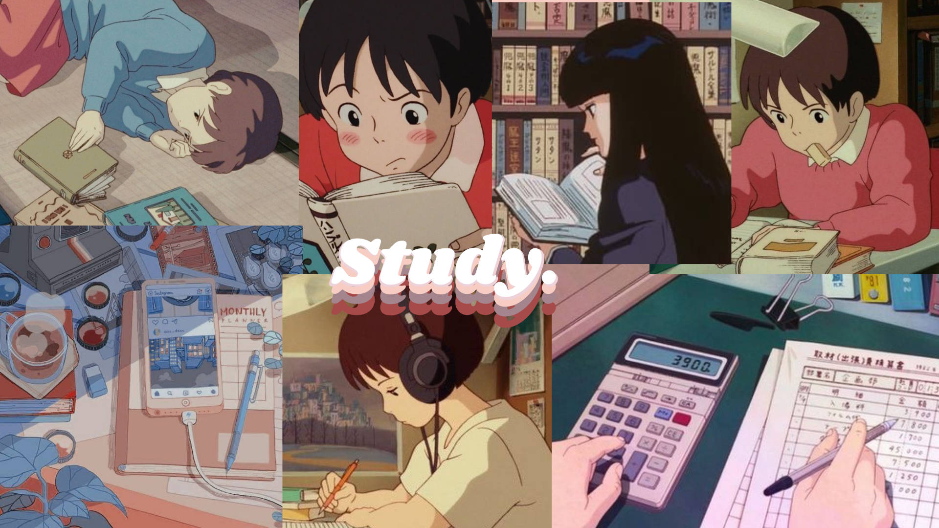 anime girls, study aesthetic, libraries, Full HD Desktop Wallpaper