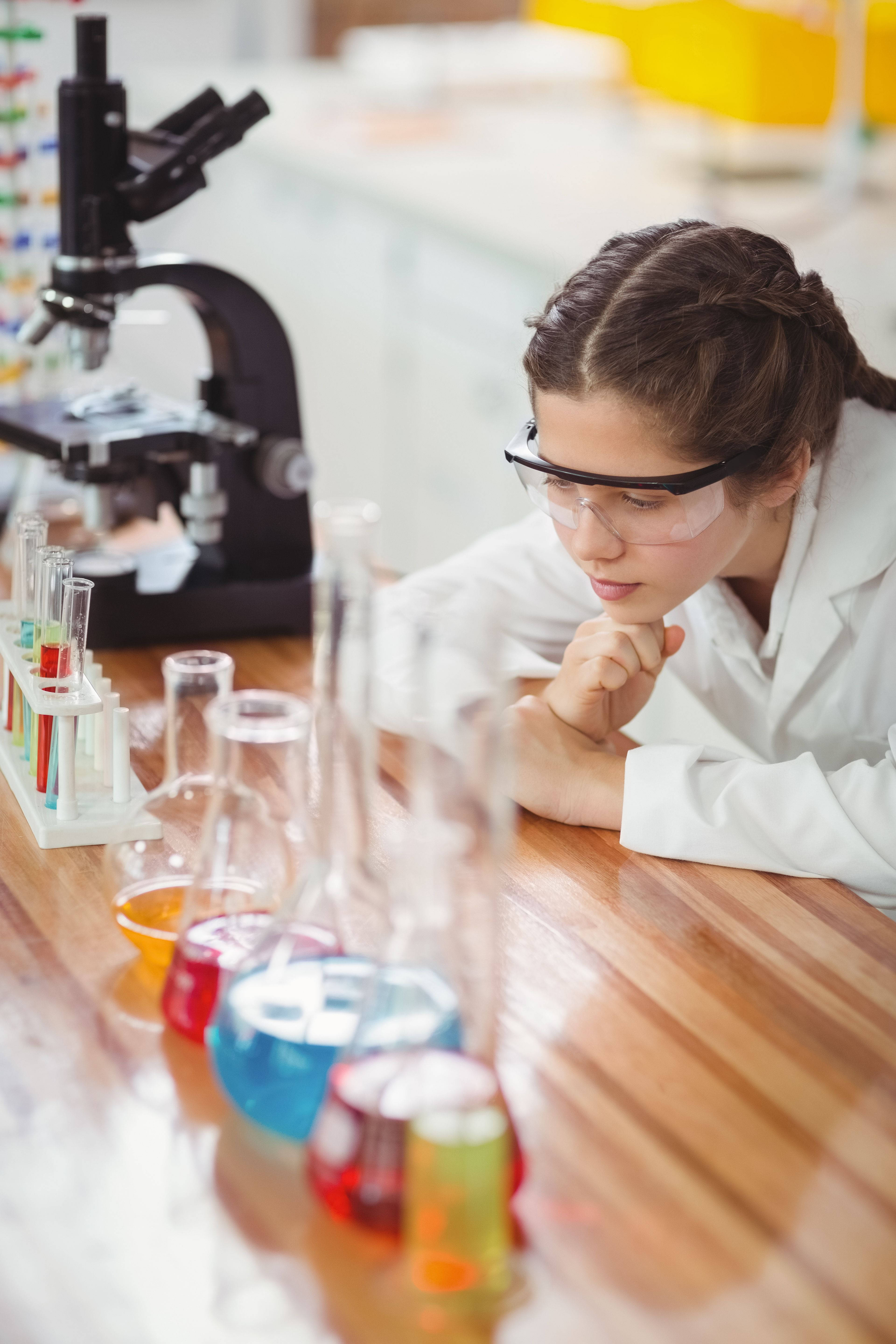 young scientist, lab coat, safety goggles, 5K Phone Wallpaper
