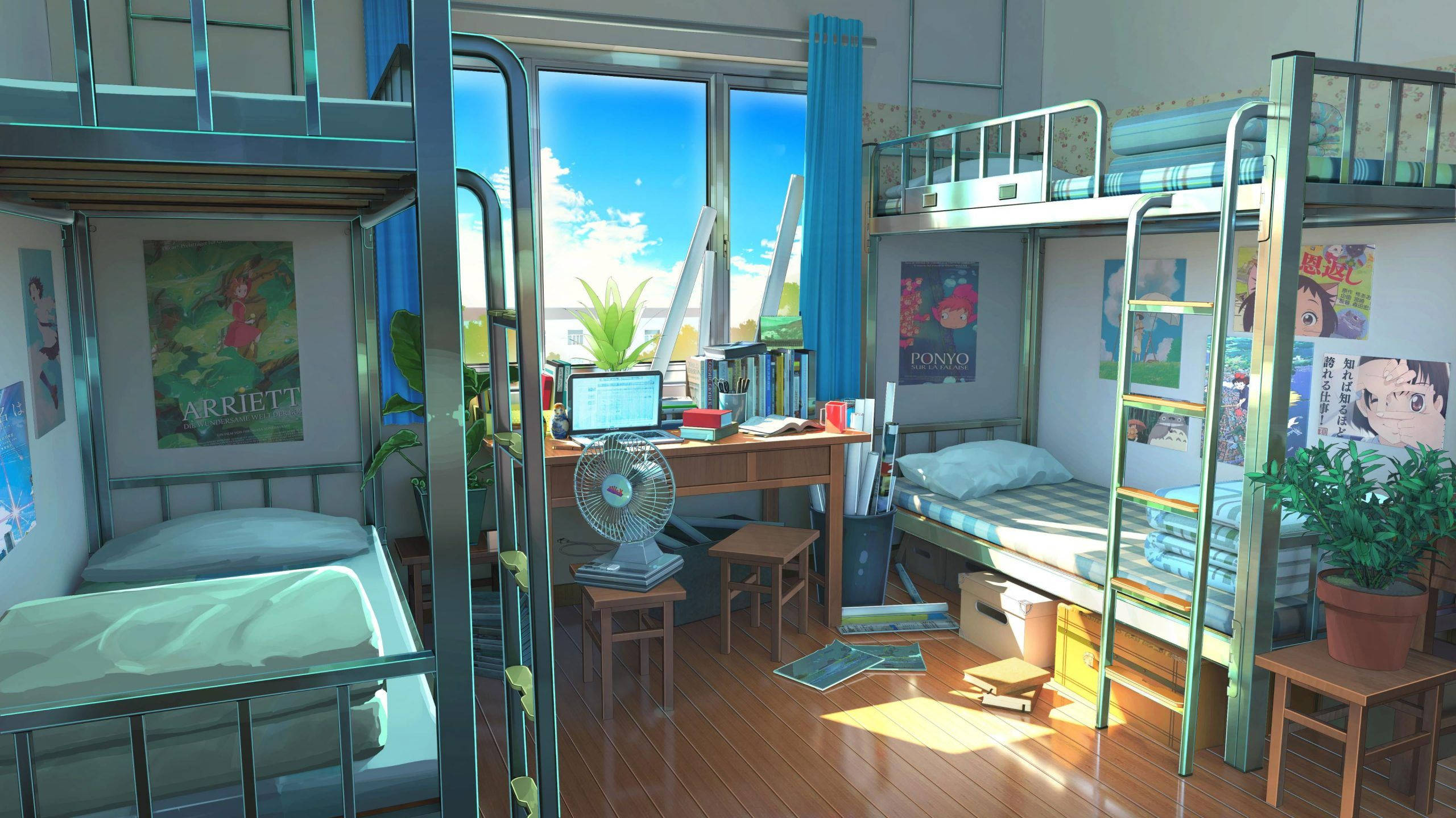 dormitory study, bunk beds, anime posters, 2K Desktop Wallpaper