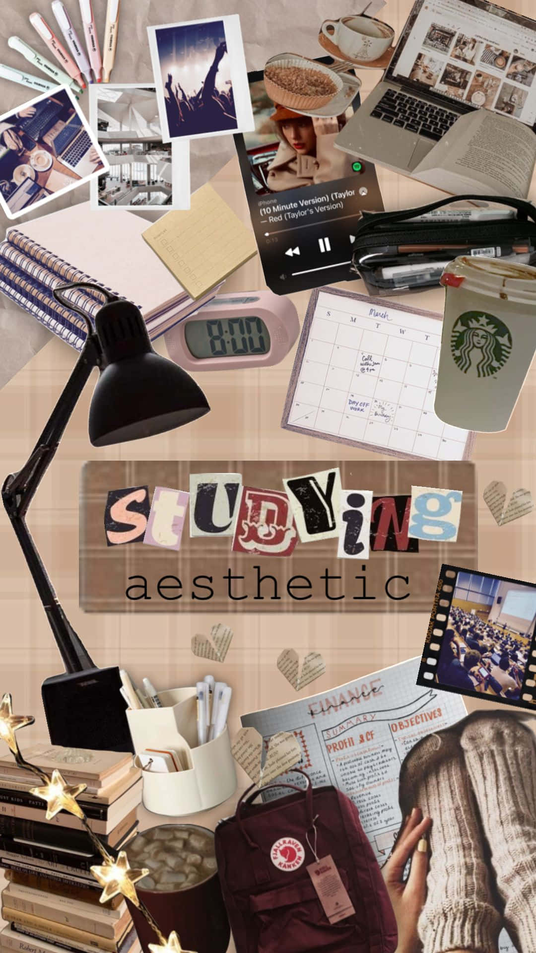 Studying Aesthetic Collage, desk lamp, books, Full HD Phone Wallpaper