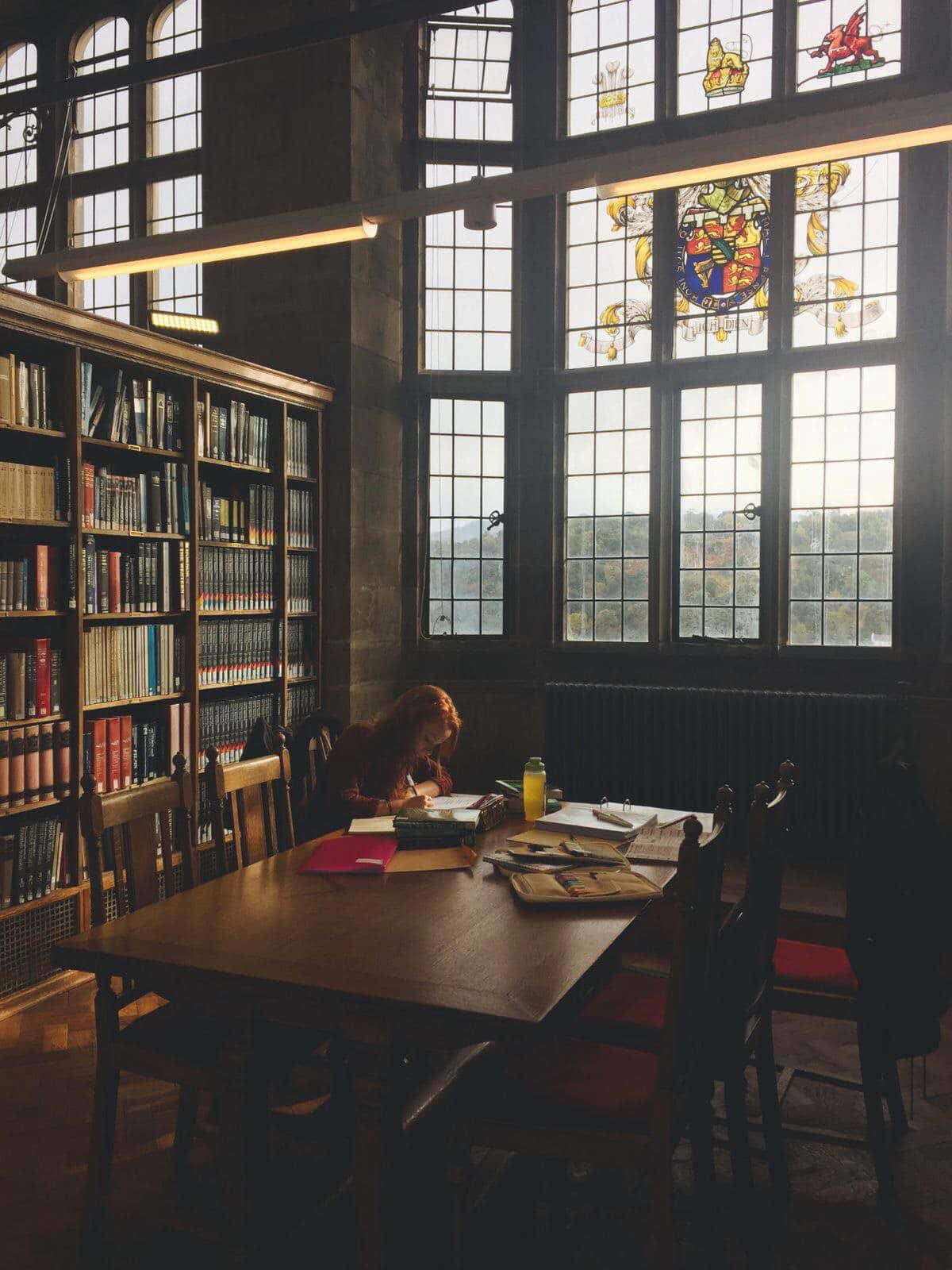 wooden table, grand library, tall bookshelves, HD Phone Wallpaper