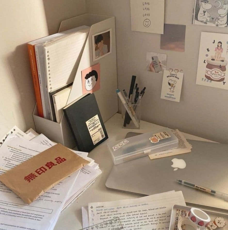 cozy study corner, silver laptop, notebooks, SD Phone Wallpaper