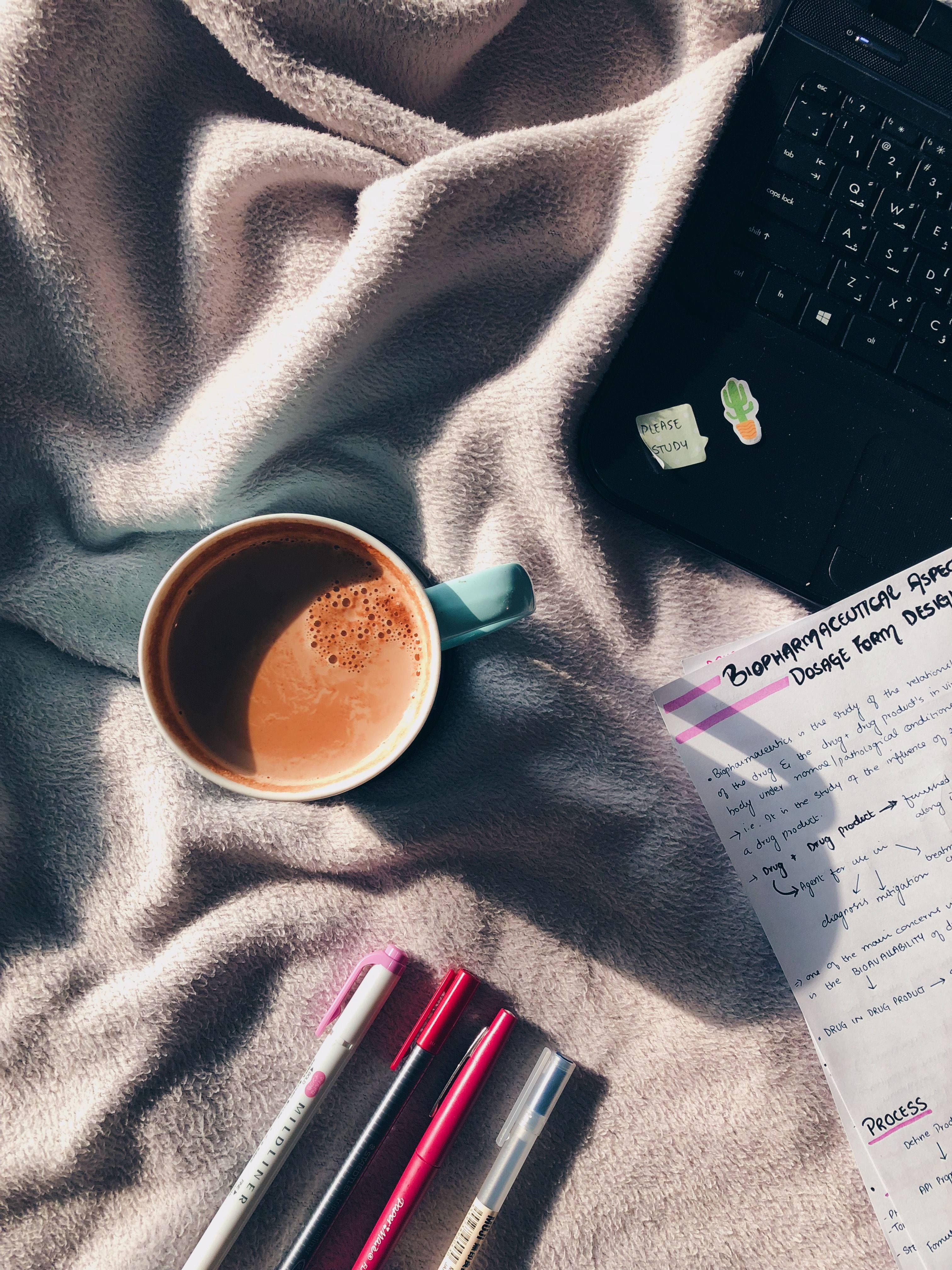 sunlight, cozy workspace, steaming coffee cup, 4K Phone Wallpaper
