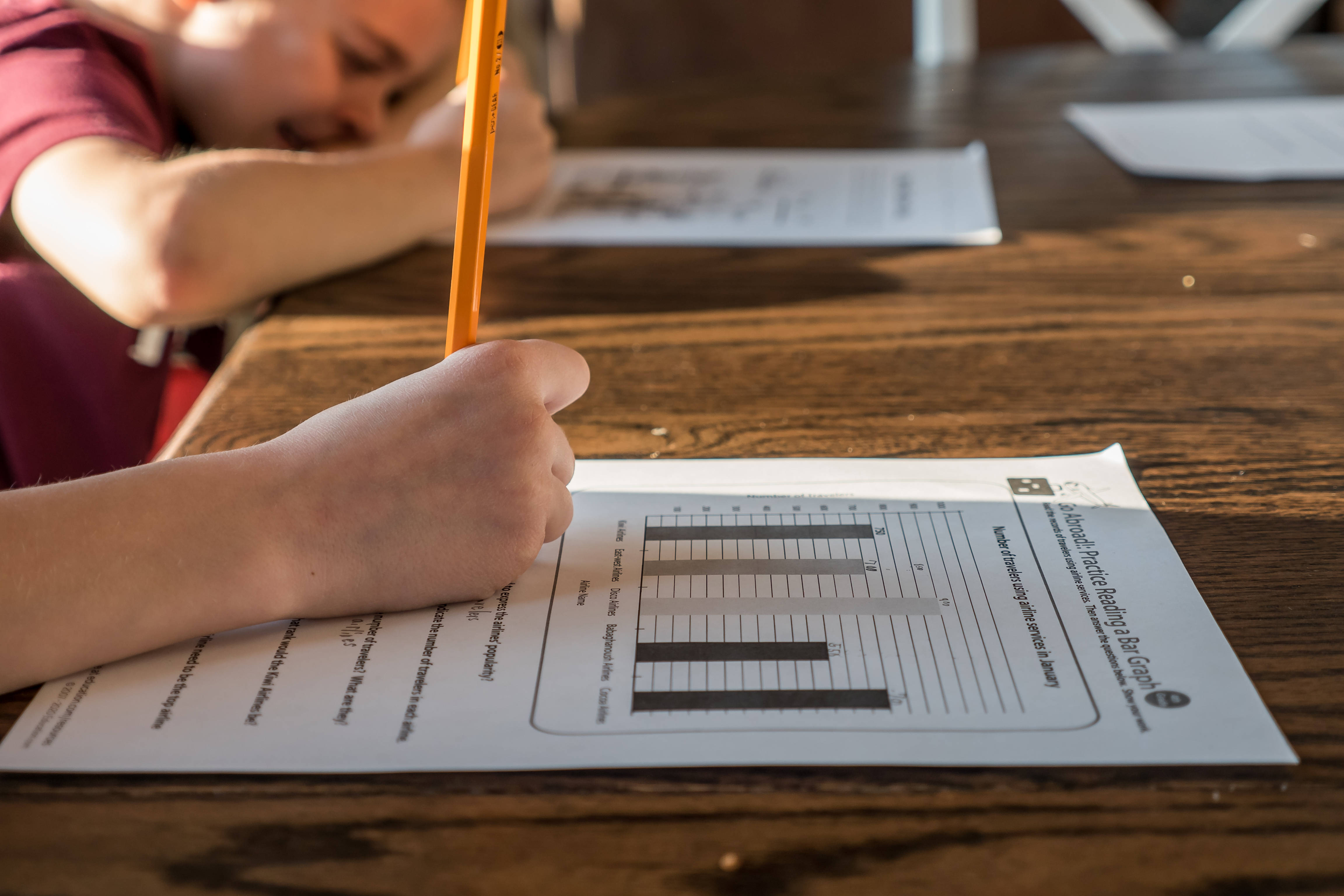 yellow pencil, math worksheet, wooden desk, 4K Desktop Wallpaper