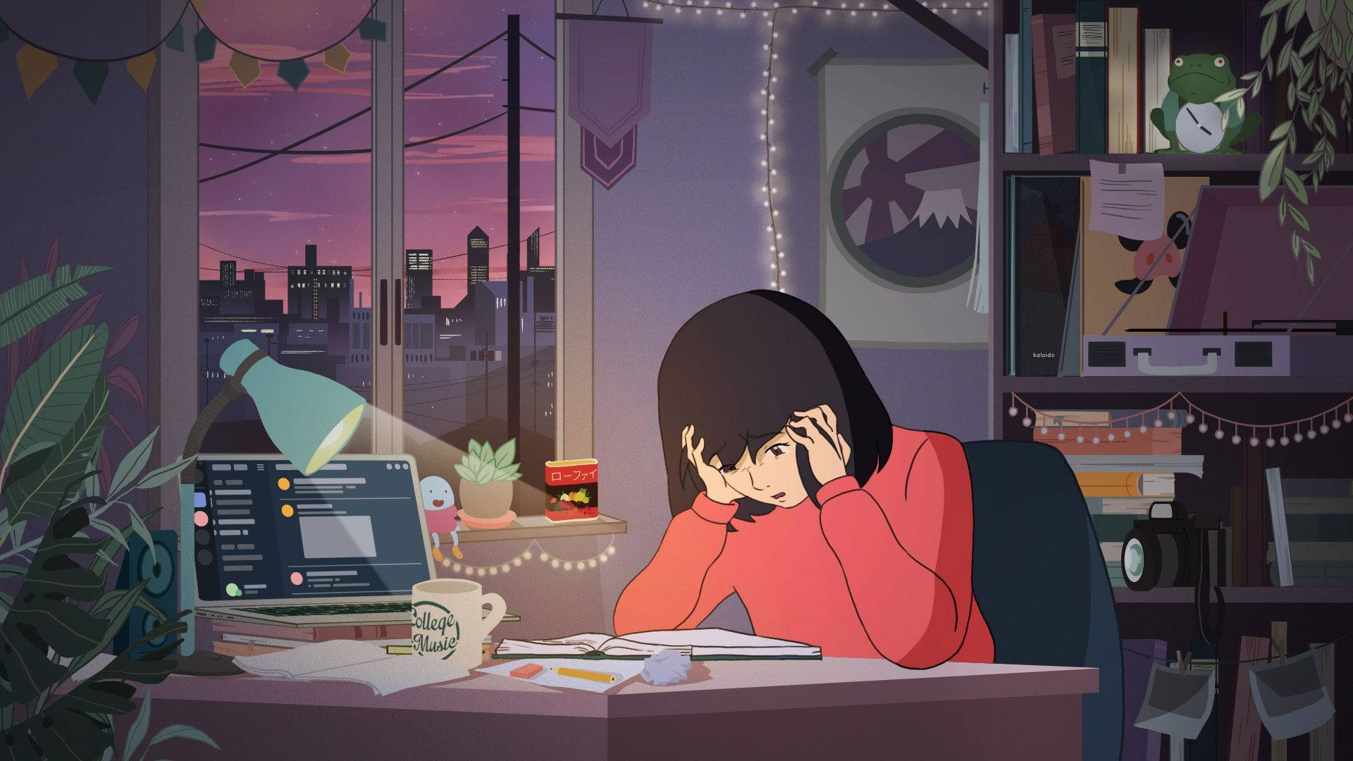 anime girl, red sweater, cluttered desk, Full HD Desktop Wallpaper