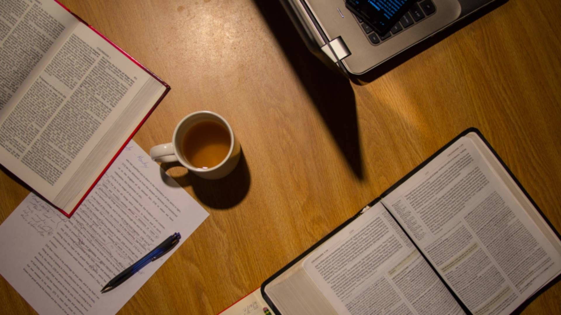 wooden desk, open books, coffee mug, Full HD Desktop Wallpaper