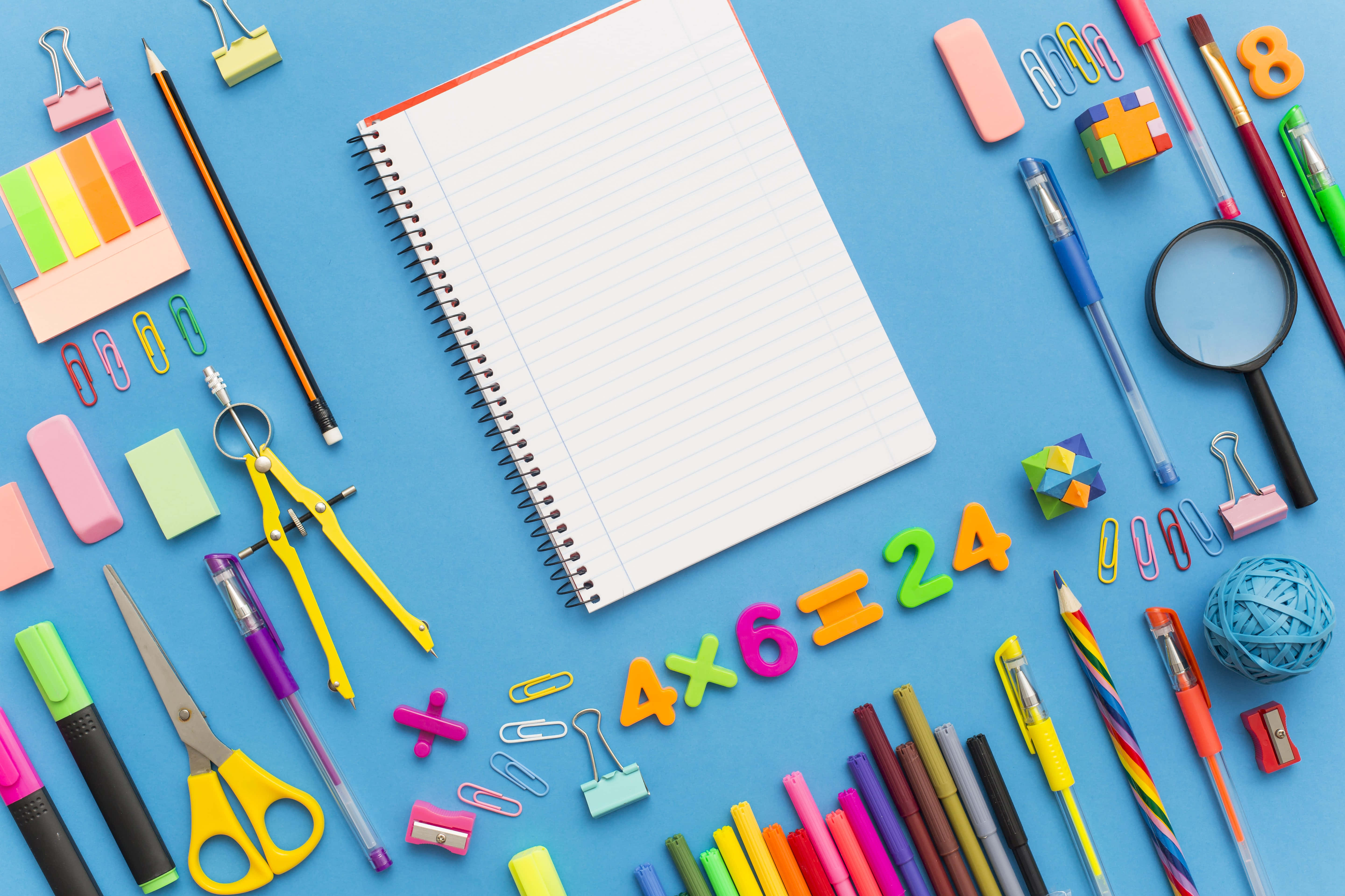 vibrant blue desk, colorful school supplies, blank notebook, 5K Desktop Wallpaper
