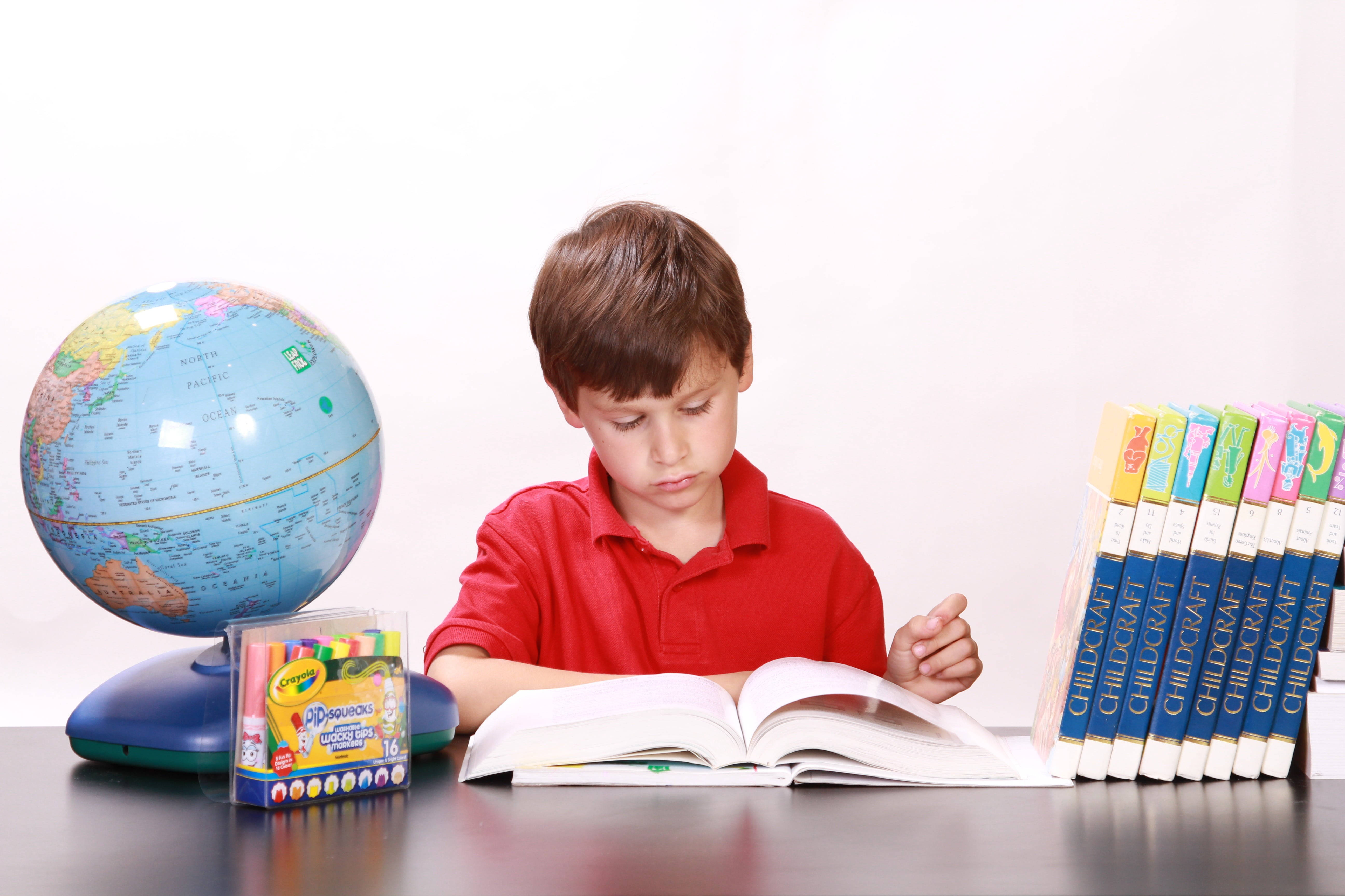 boy in red shirt, red shirt, desk, 5K Desktop Wallpaper