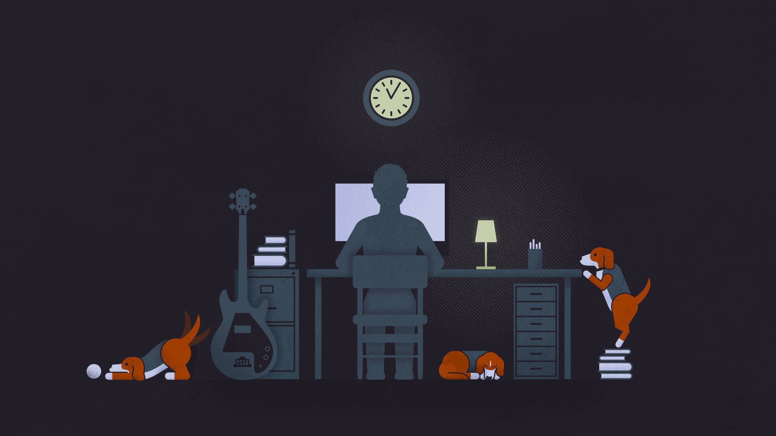 Nighttime Studying, silhouette, desk, 2K Desktop Wallpaper