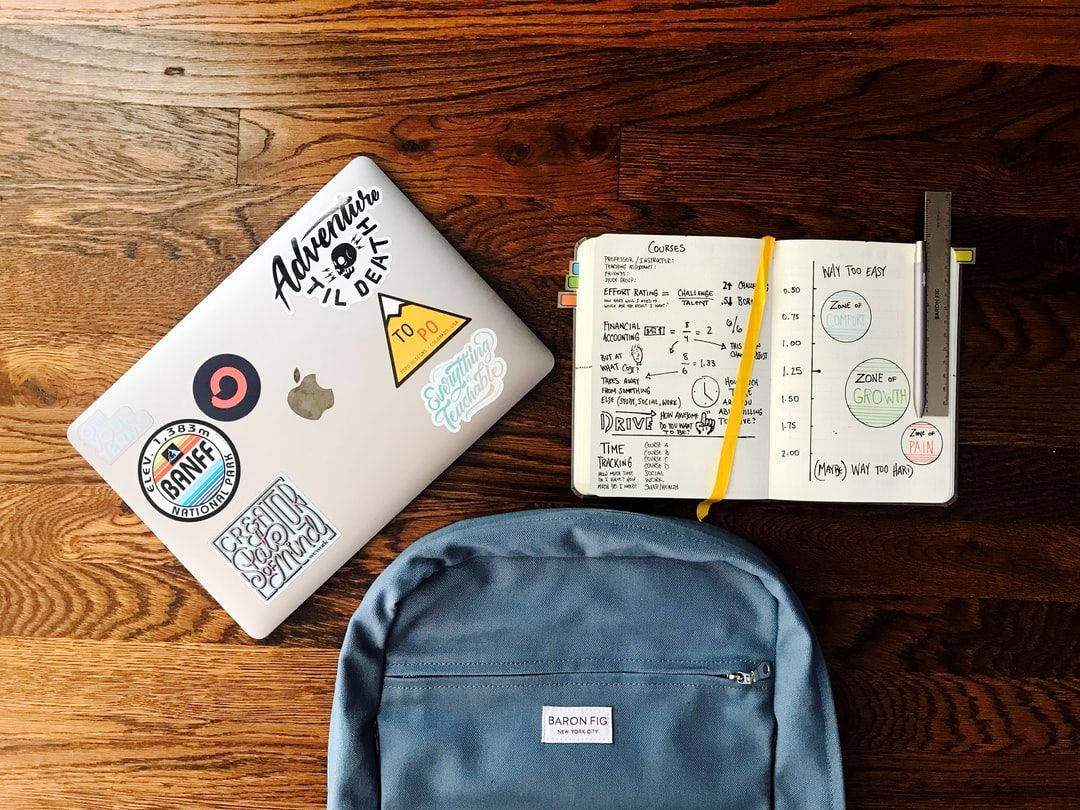 white laptop, colorful stickers, open notebook, SD Desktop Wallpaper