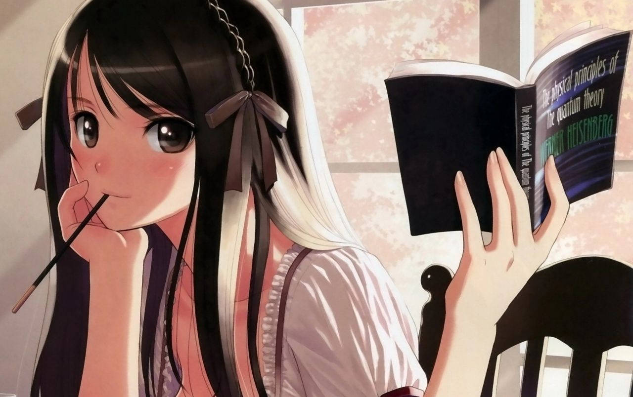 anime girl, dual-toned hair, Heisenberg's quantum physics book, HD Desktop Wallpaper