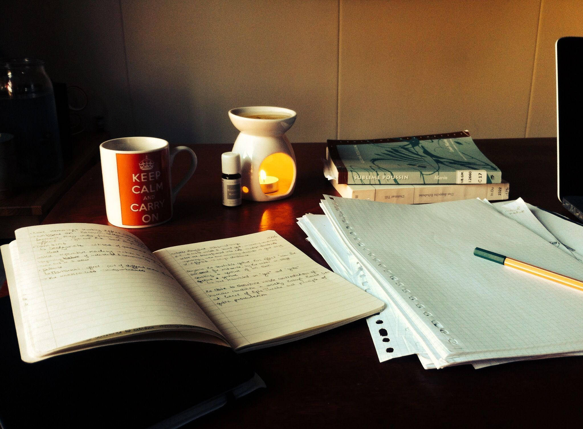 essential oil diffuser, steaming mug, open notebook, Full HD Desktop Wallpaper
