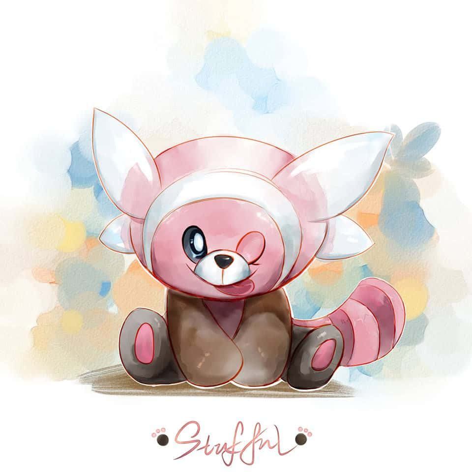 Stufful, pink fox-like creature, one eye closed in a wink, SD Desktop Wallpaper