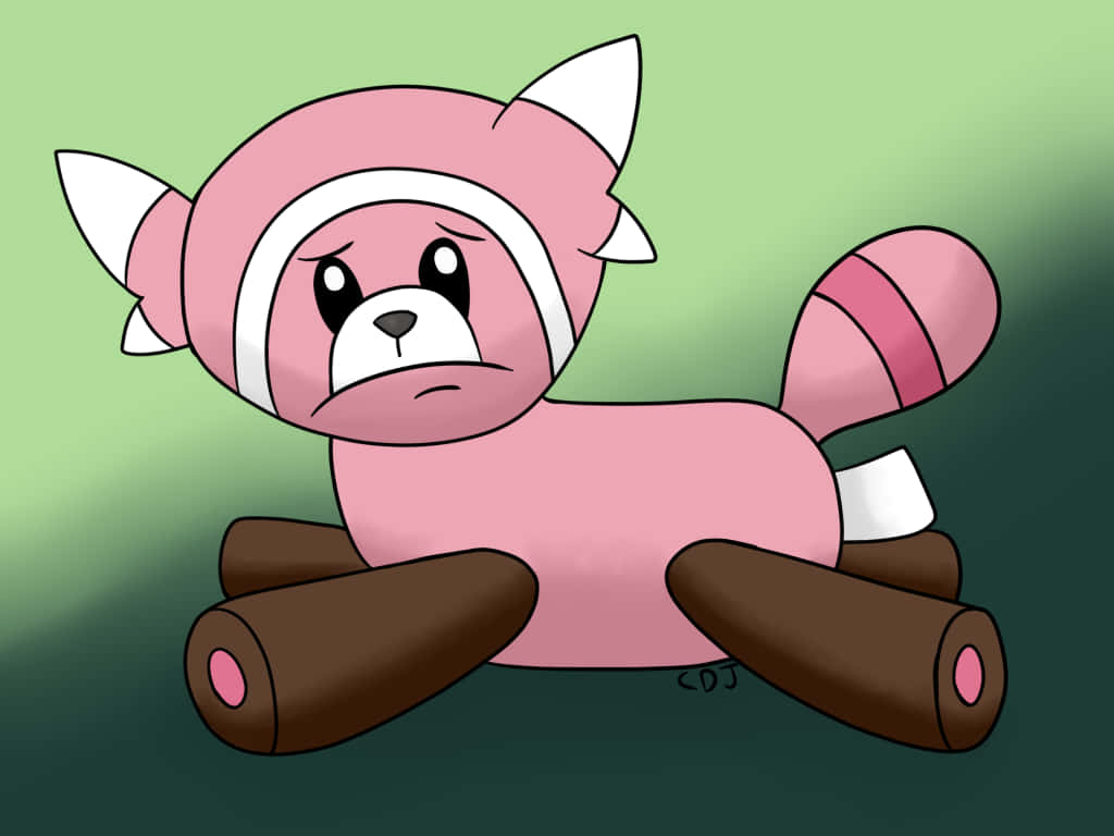Sad Stufful, pink cartoon raccoon, white-tipped ears, SD Desktop Wallpaper