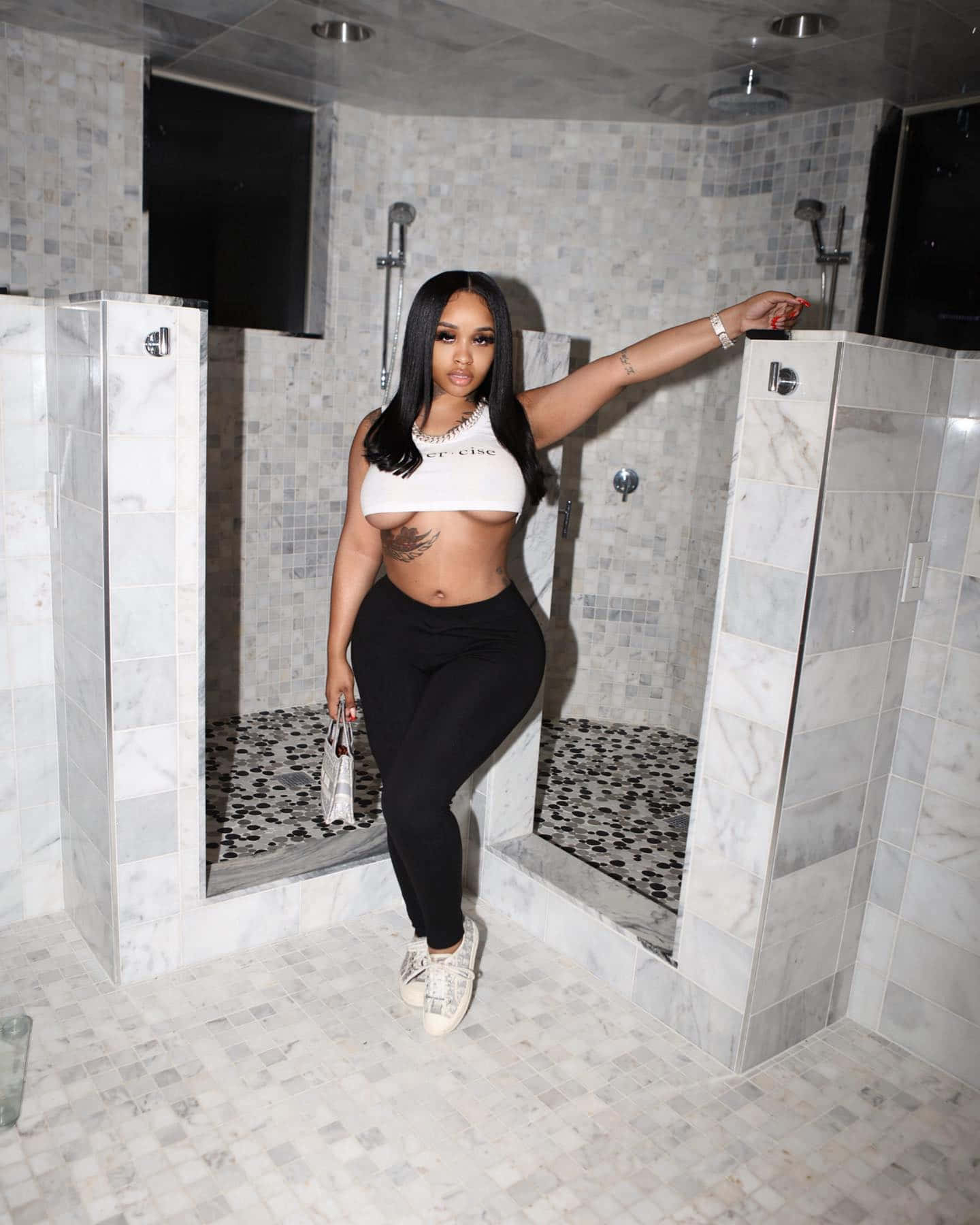Stunna Girl, marble-clad shower room, white crop top, HD Phone Wallpaper