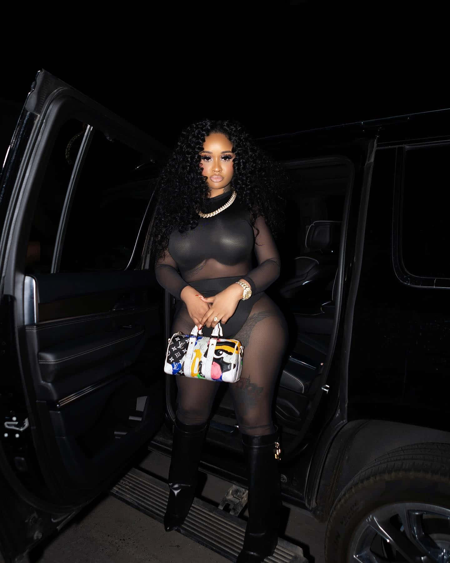 Stunna Girl, black SUV, night, HD Phone Wallpaper