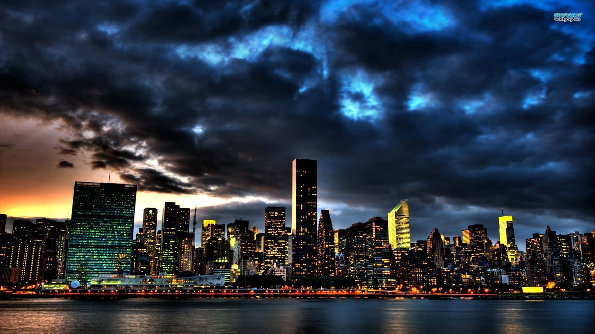 dusk, stormy blue and orange sky, towering skyscrapers, Full HD Desktop Wallpaper