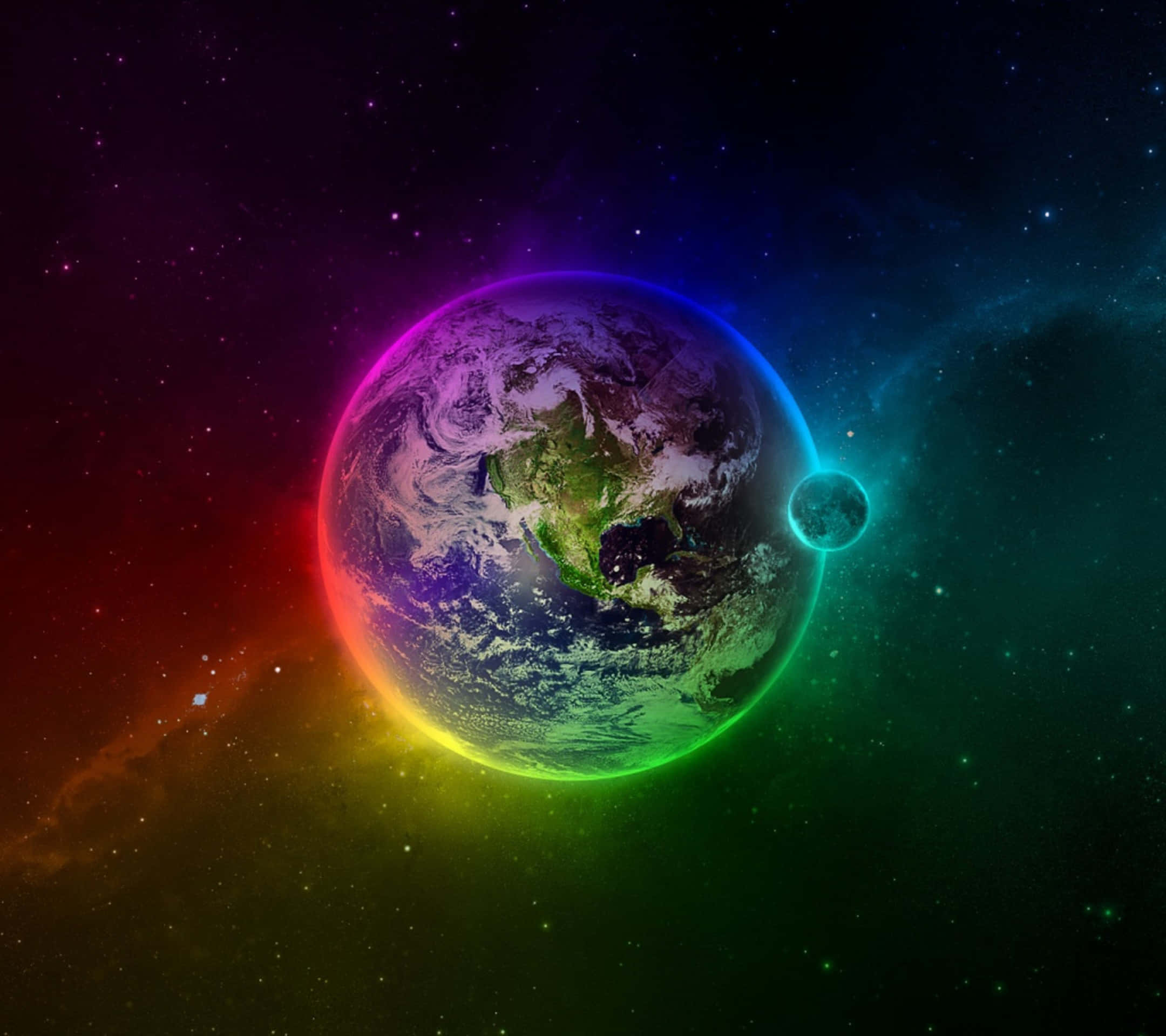 rainbow-hued Earth, starry cosmic backdrop, small moon, Full HD Desktop Wallpaper