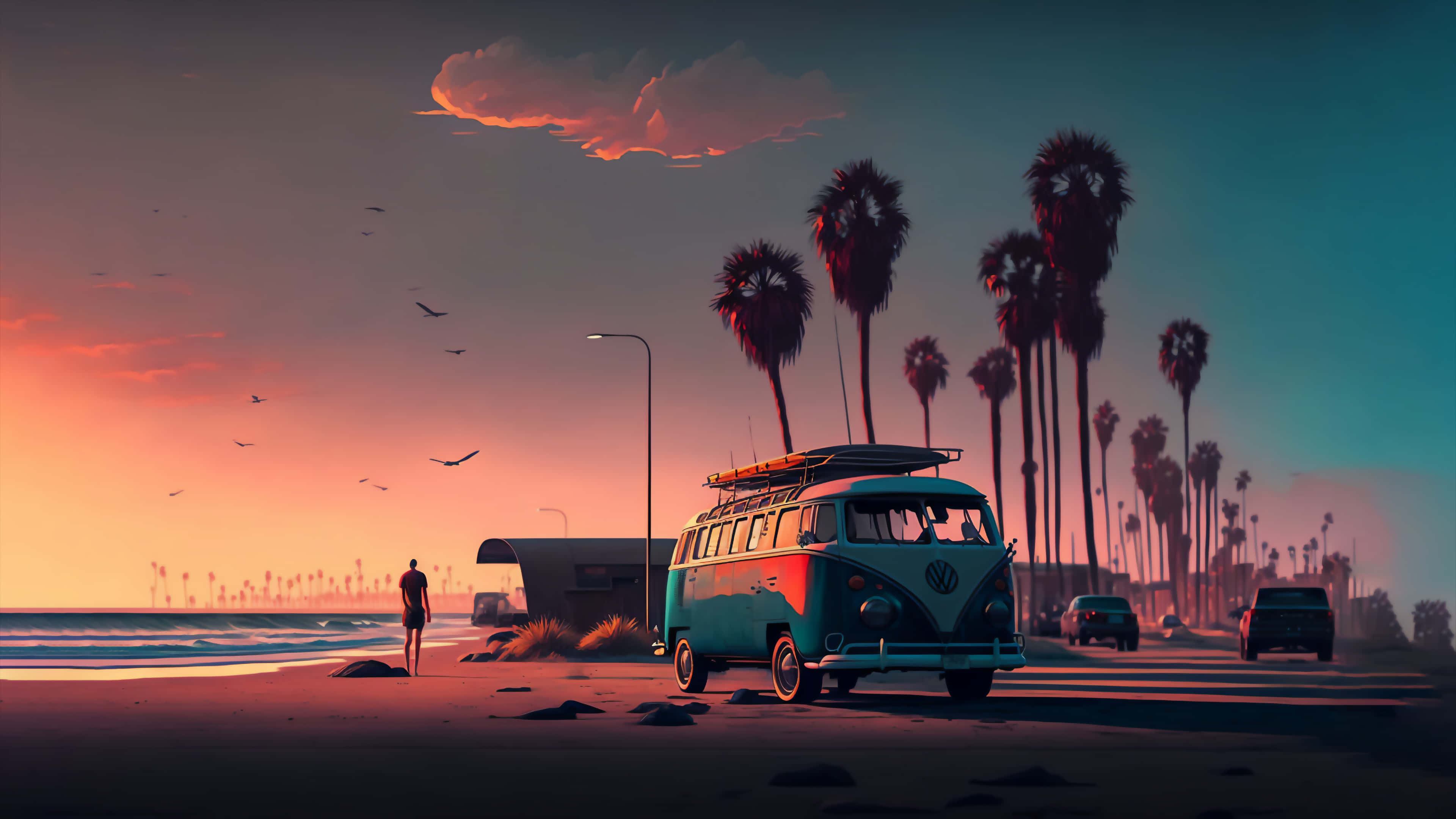 vintage blue and red VW bus, beach at sunset, palm trees, 4K Desktop Wallpaper