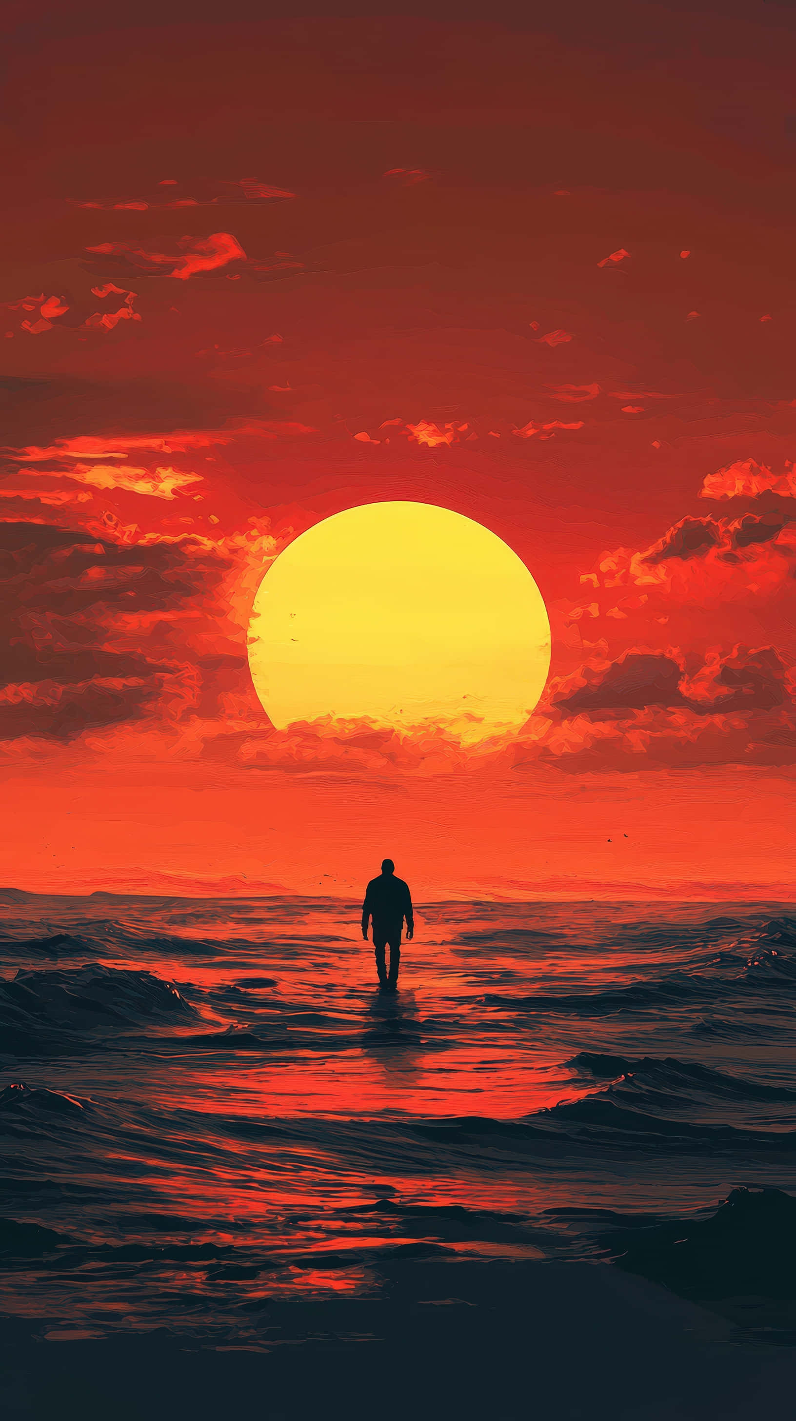 sunset silhouette, tranquil ocean horizon, glowing sun, 2K Phone Wallpaper