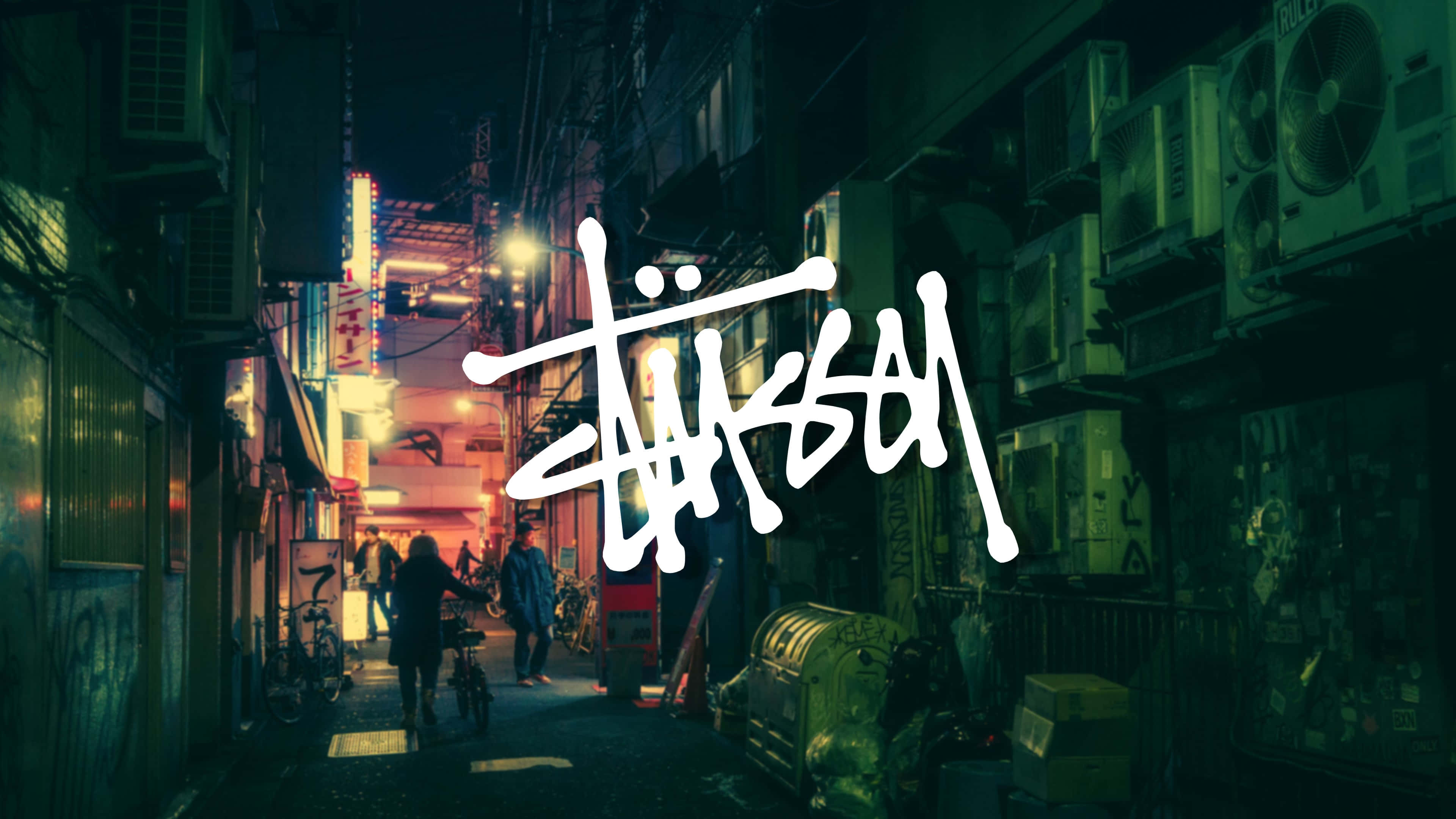 Stussy, neon-lit Tokyo alleyway, night, 4K Desktop Wallpaper