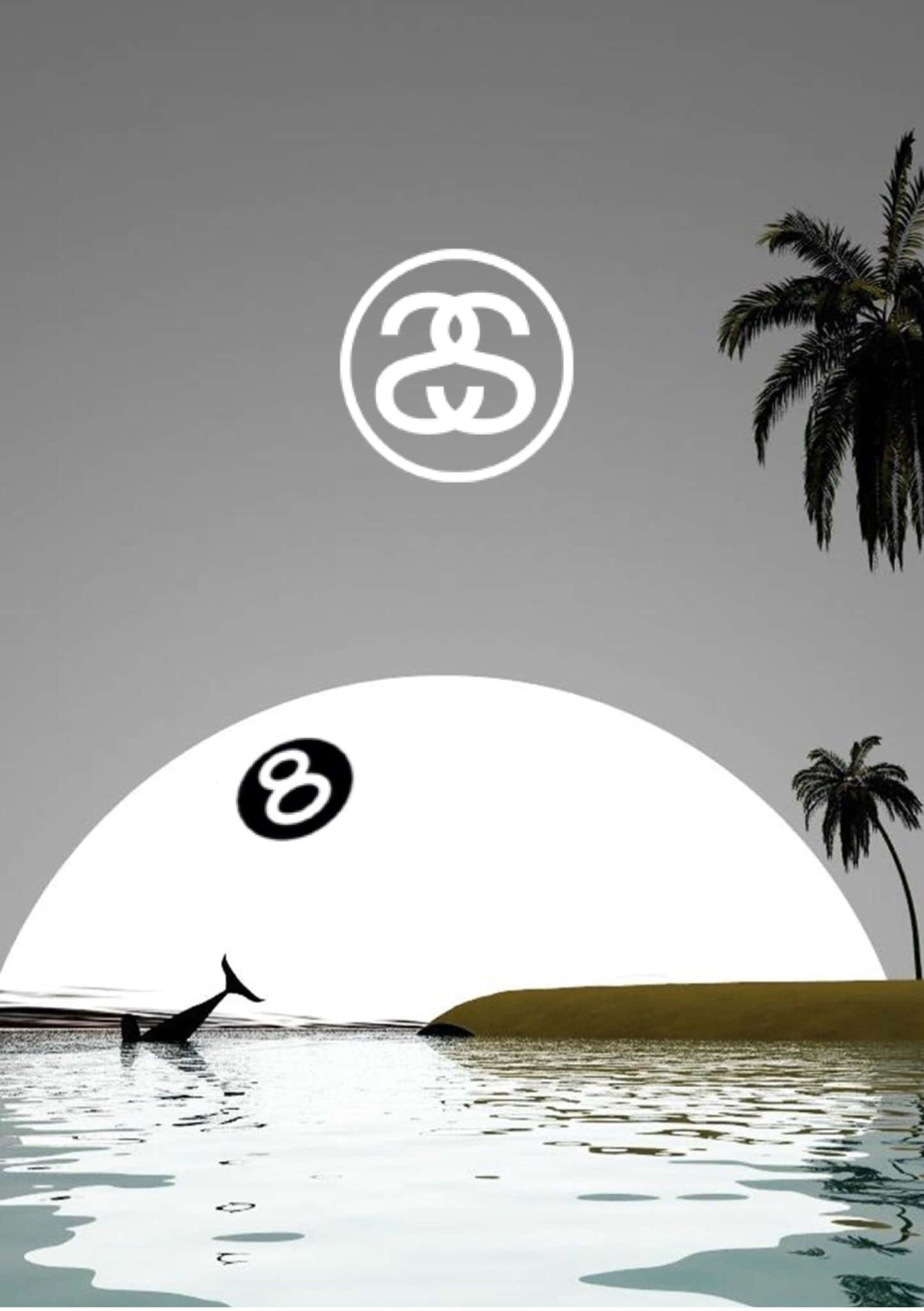 Stussy Logo, tropical backdrop, eight-ball sun, Full HD Phone Wallpaper