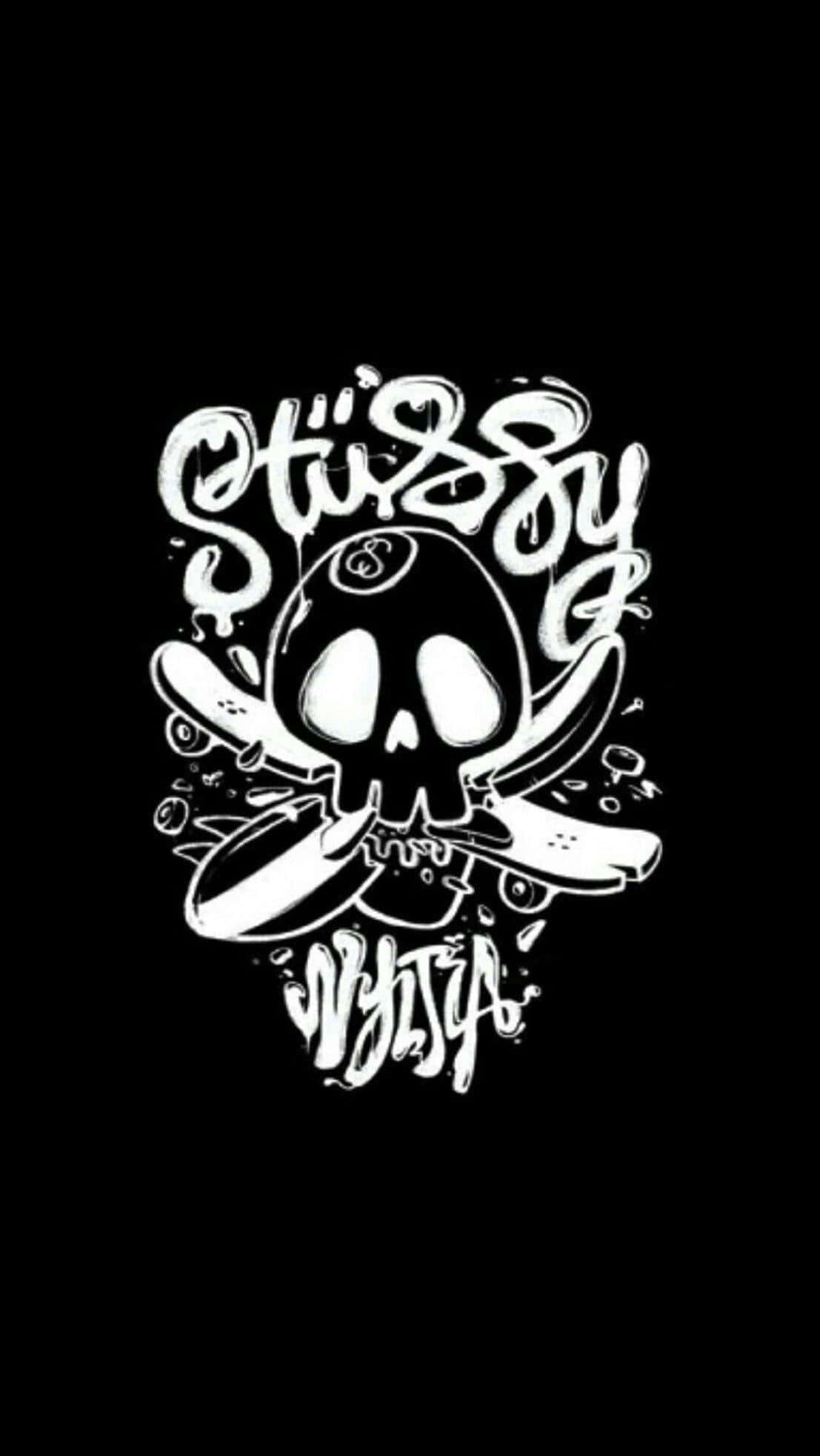 Stussy, skull and crossbones, white graffiti-style, Full HD Phone Wallpaper