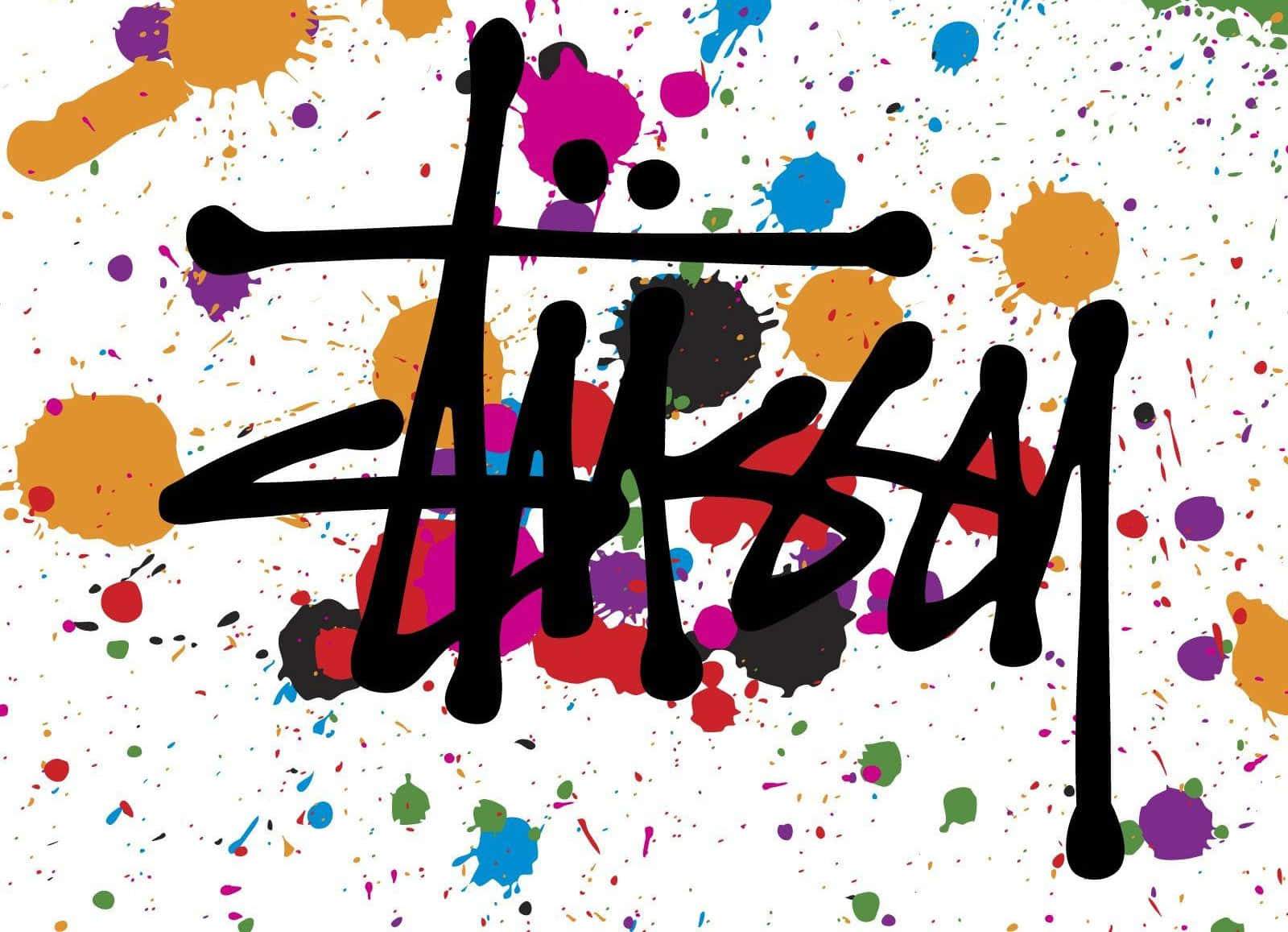 Stussy, black Stussy logo, vibrant multicolored paint, HD Desktop Wallpaper