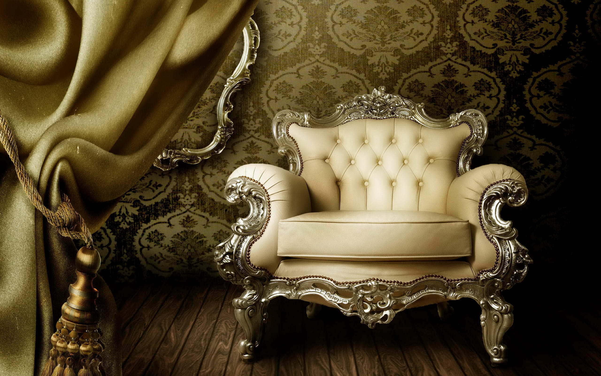 White Royalty Single Couch, cream tufted armchair, silver filigree, 2K Desktop Wallpaper