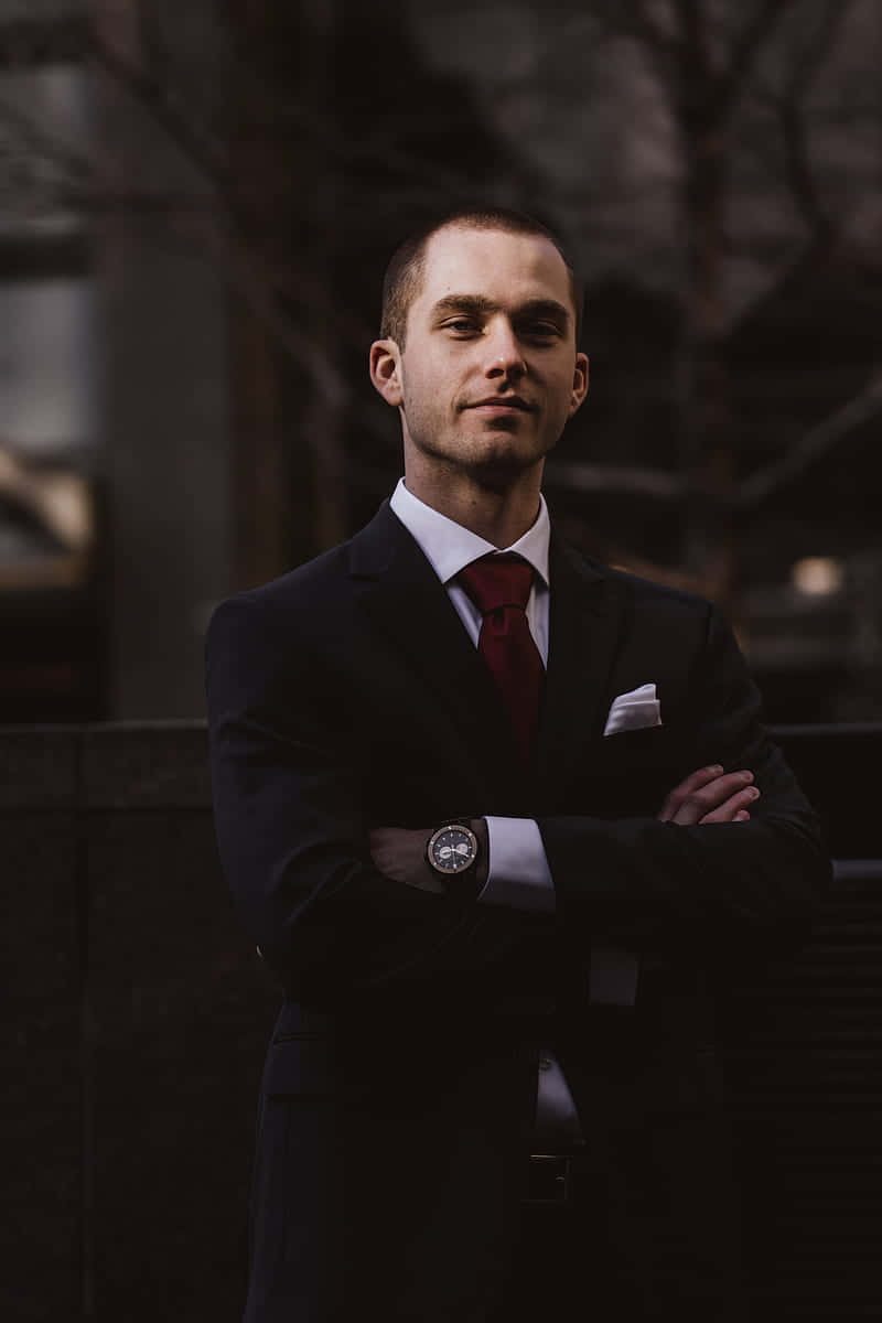 men suit, dark suit, red tie, SD Phone Wallpaper