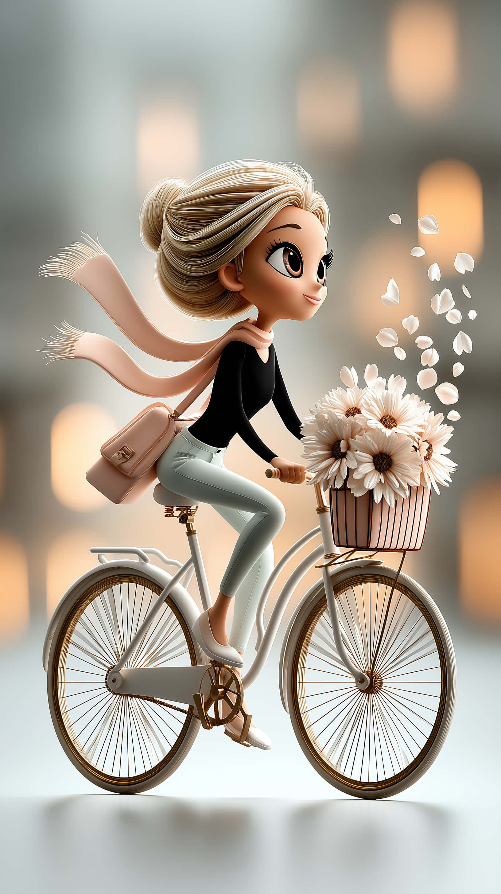 chic cartoon woman, bicycle, flower basket, 2K Phone Wallpaper