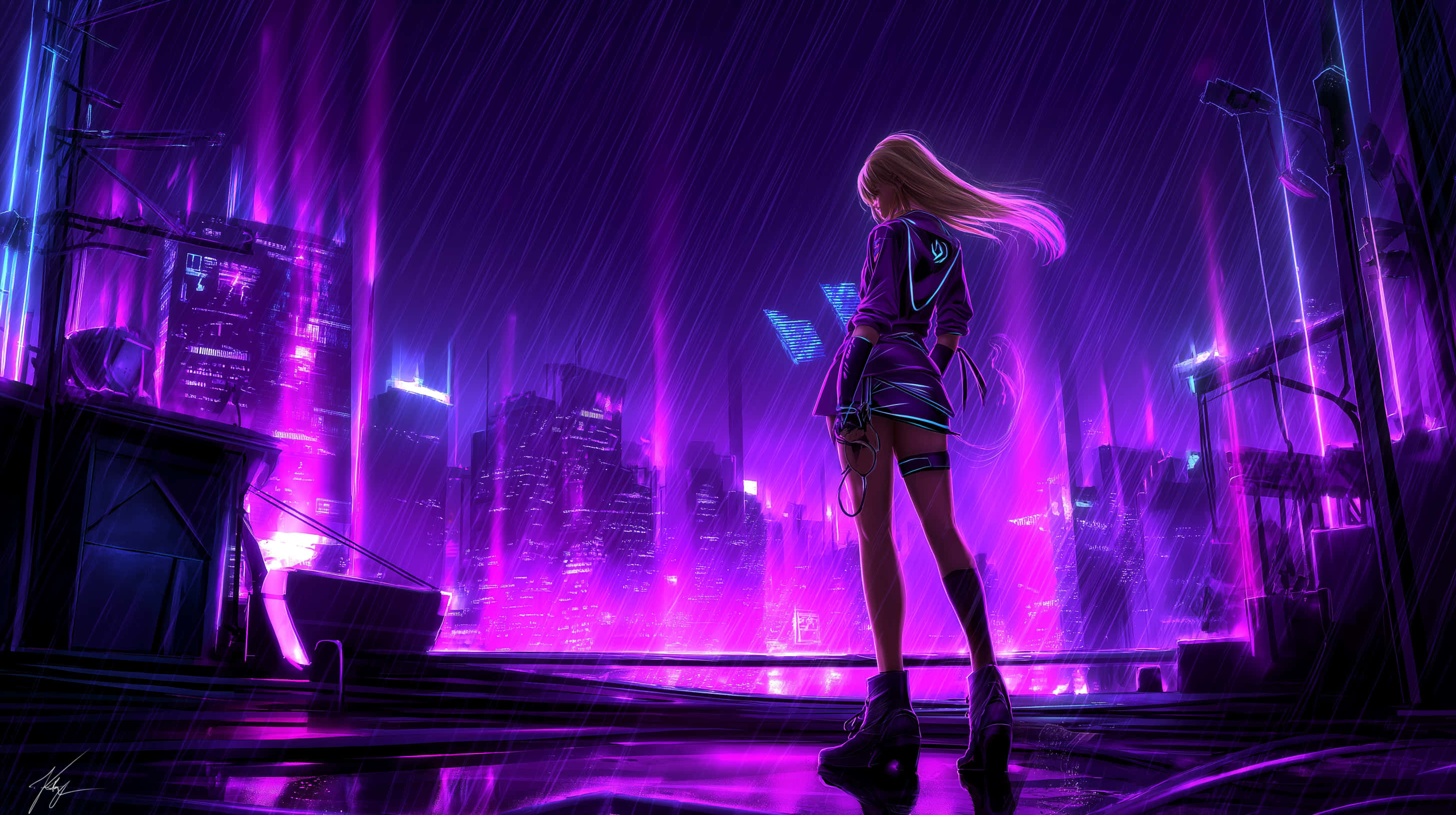 blonde woman, futuristic outfit, wet rooftop, 2K Desktop Wallpaper