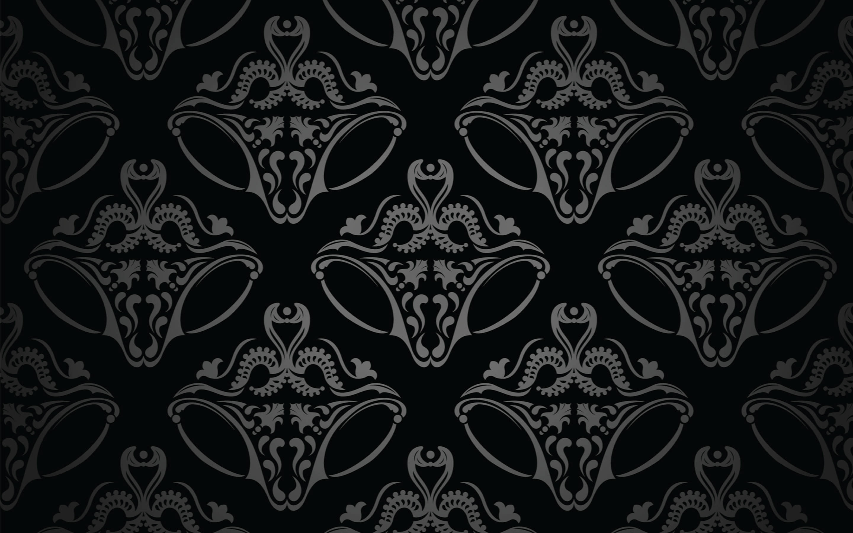 Stylish Black, damask pattern, silver, 2K Desktop Wallpaper