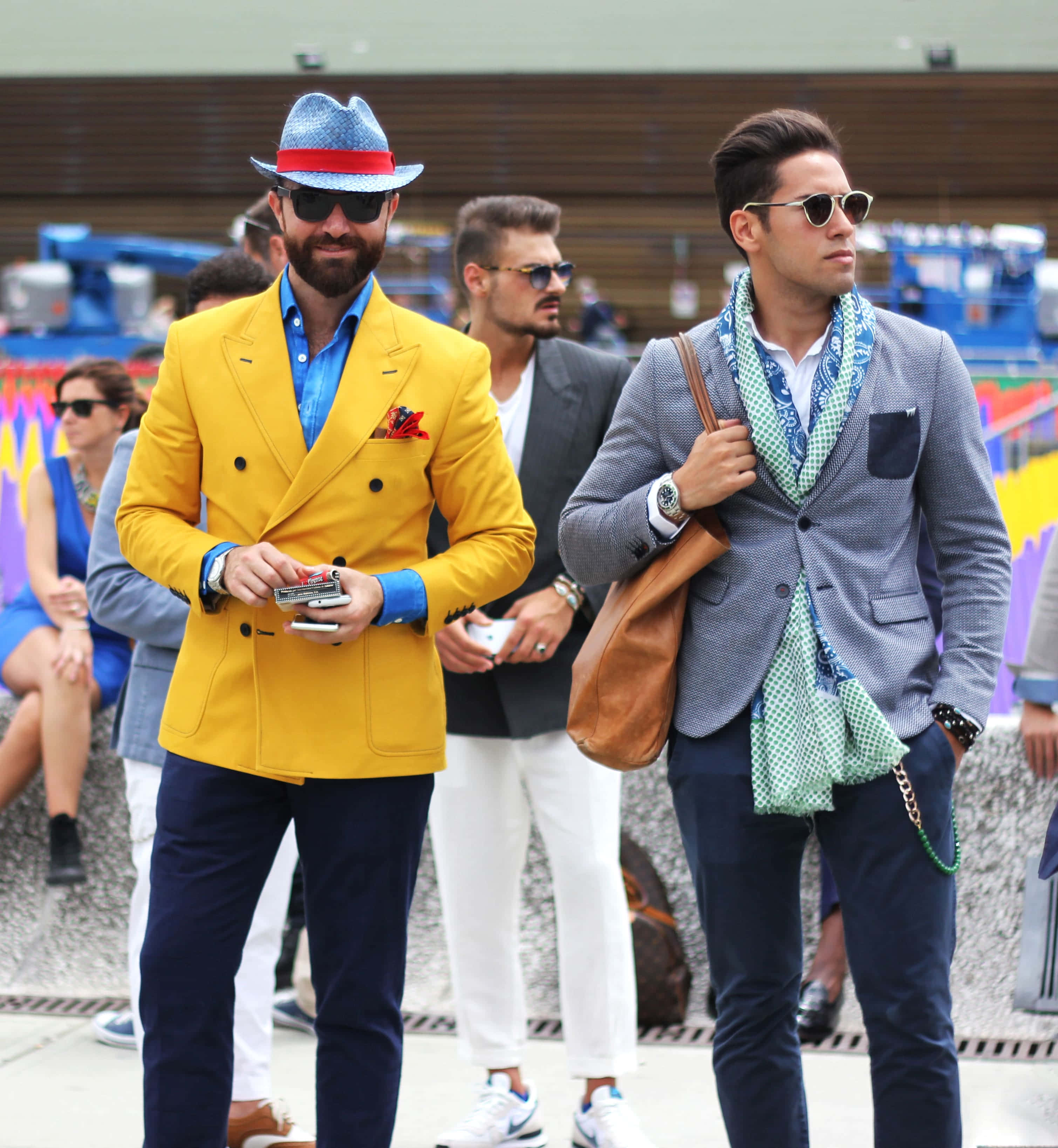 Dandy Male Fashionistas, bold fashion, vibrant outdoor event, 2K Phone Wallpaper