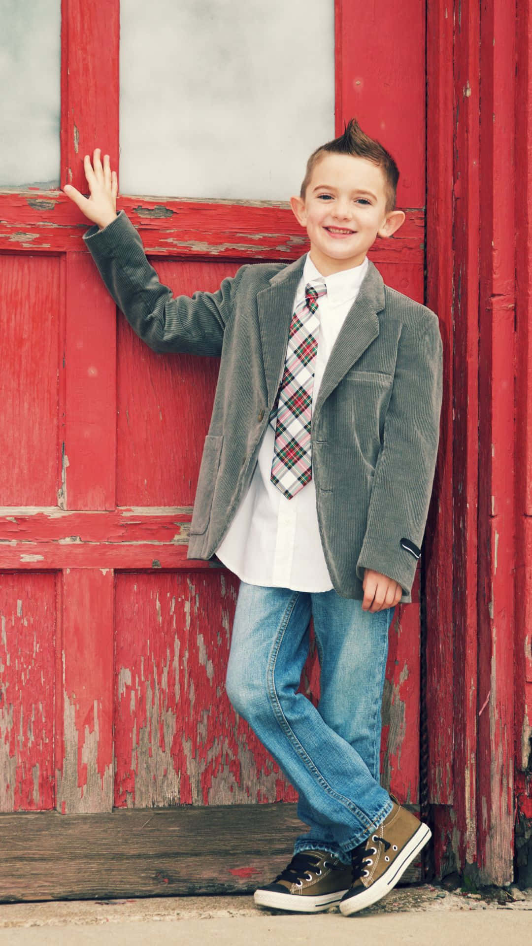 grey blazer, plaid tie, weathered red wooden door, Full HD Phone Wallpaper