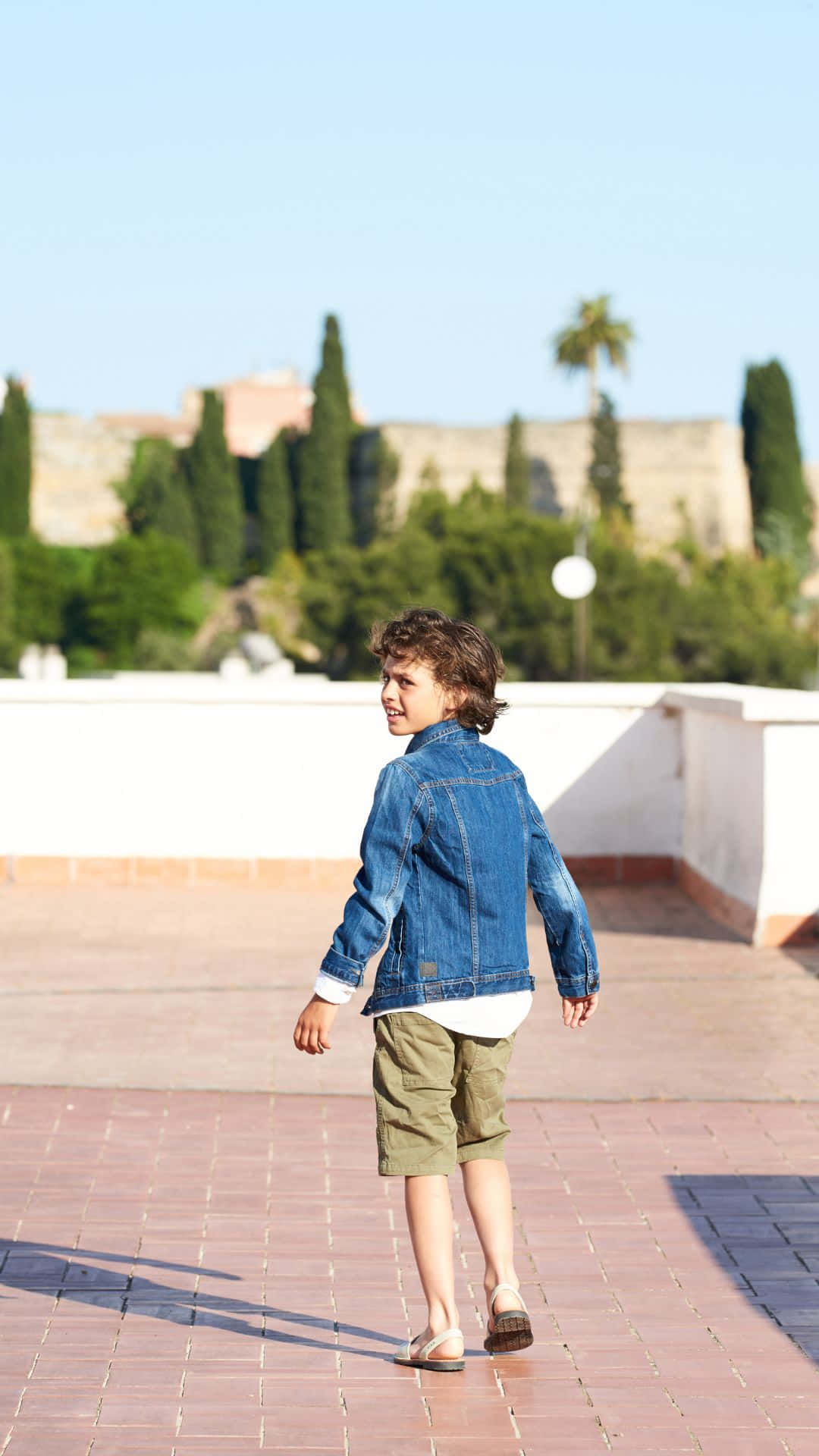 denim jacket, sunlit tiled rooftop, palm trees, Full HD Phone Wallpaper
