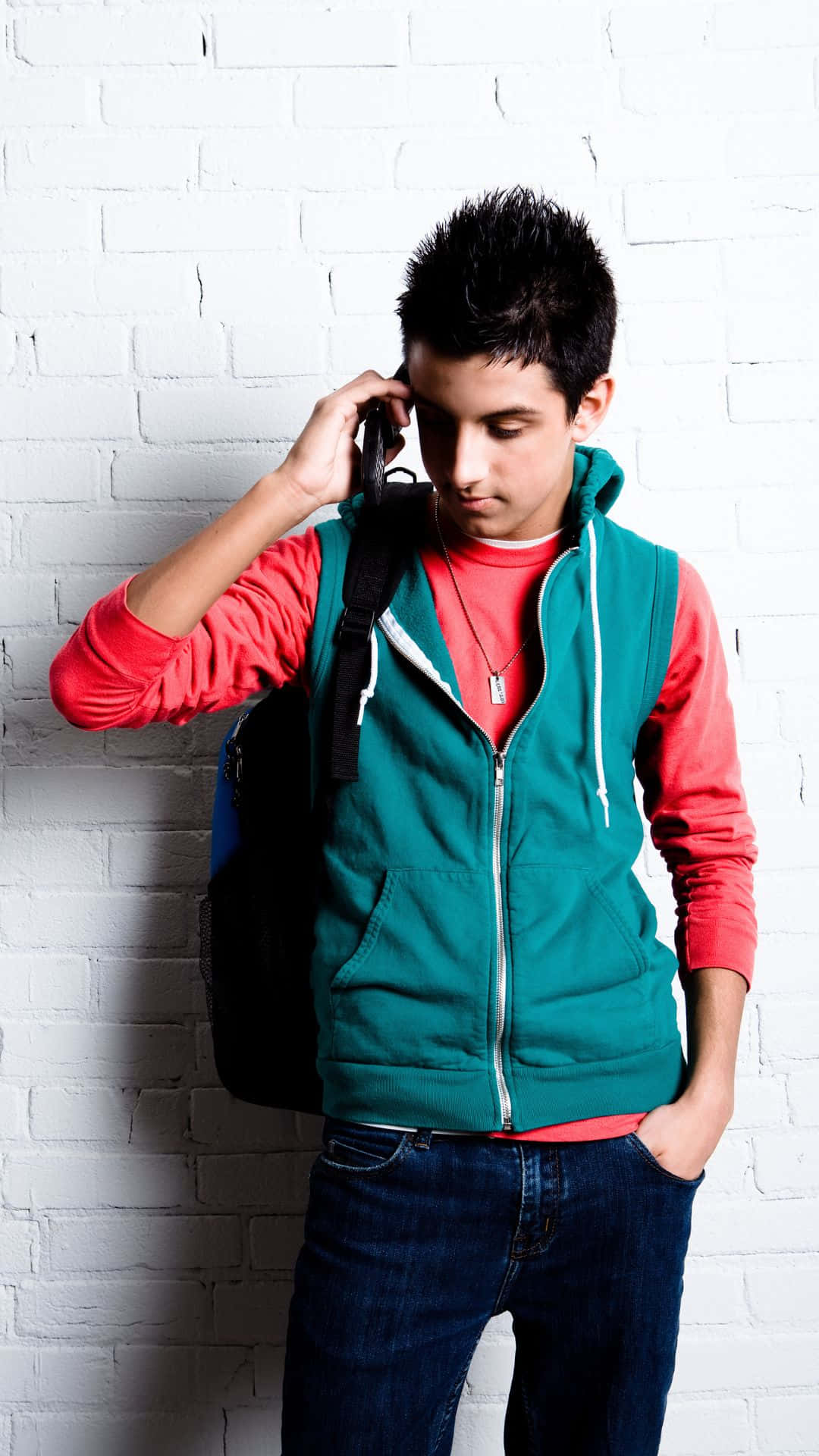 red shirt, teal vest, white brick wall, Full HD Phone Wallpaper