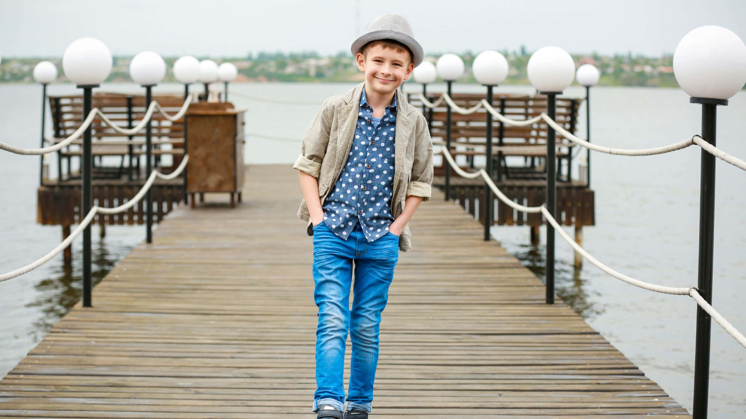 little stylish boy, hat, blue jeans, 2K Desktop Wallpaper